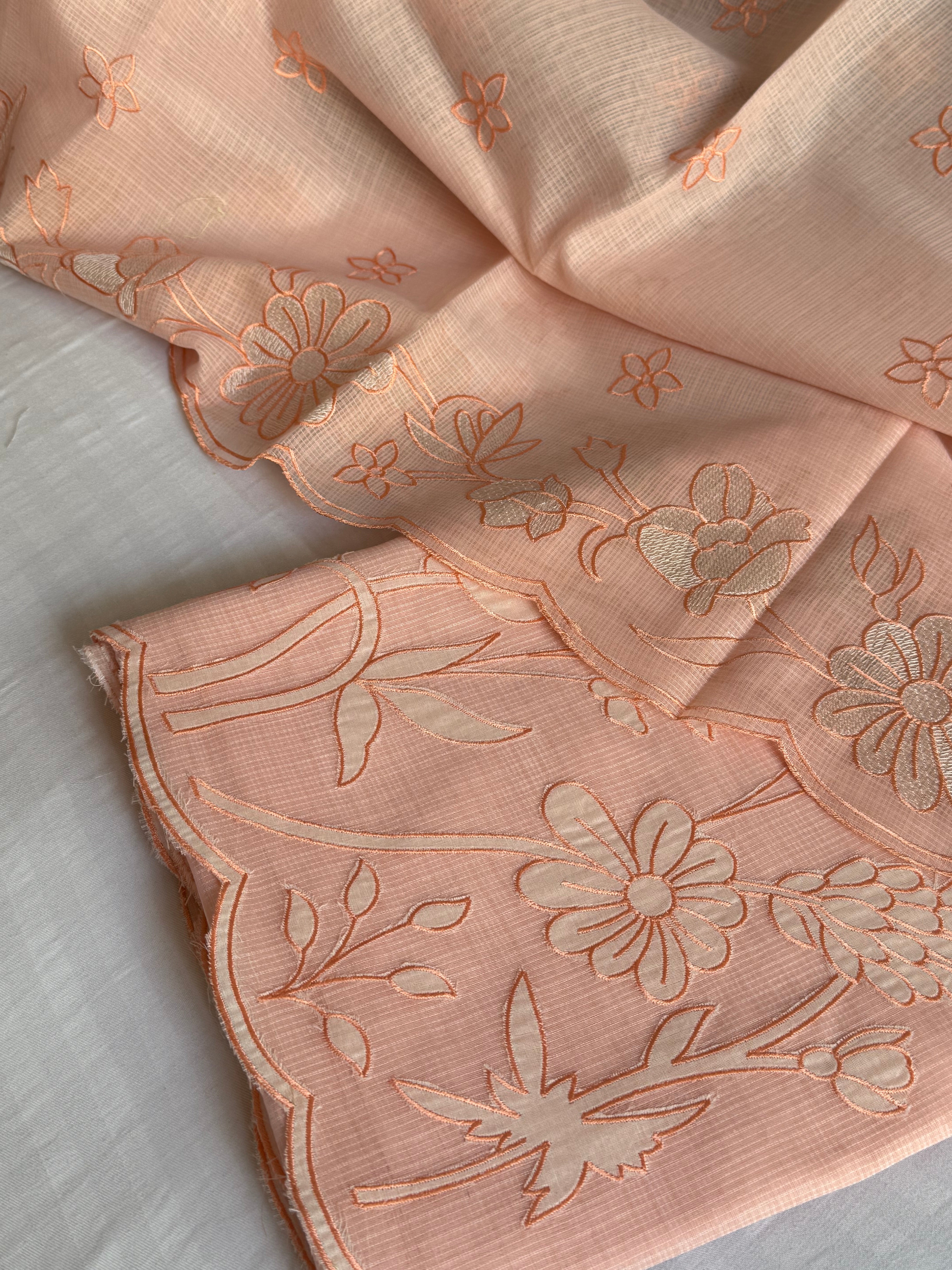 Blush peach kota check appliqué work kadhwa suit set