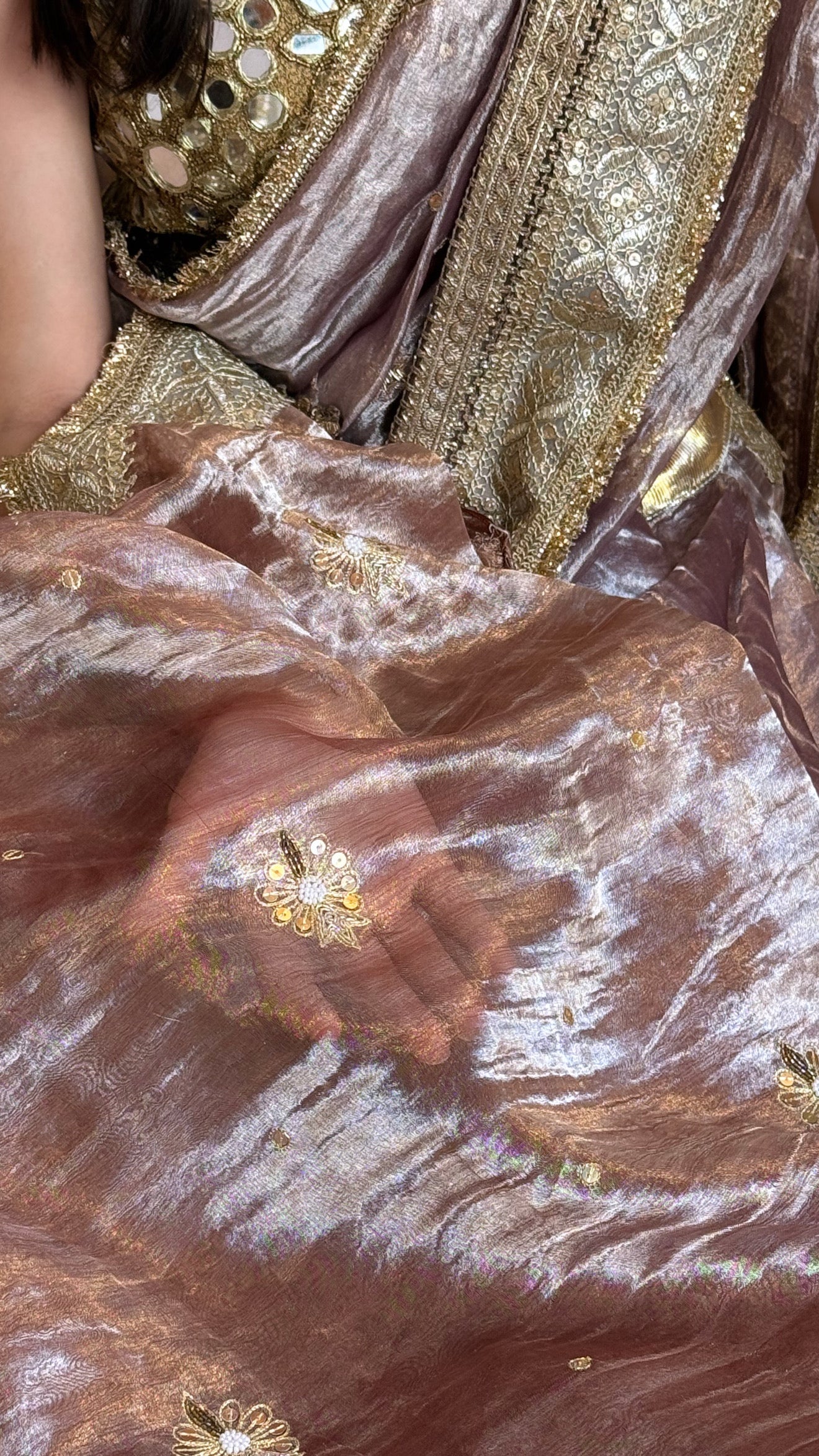 Lehenga style saree edit - Pastel plum diamond tissue silk tilli work hand embroidered gotapatti saree