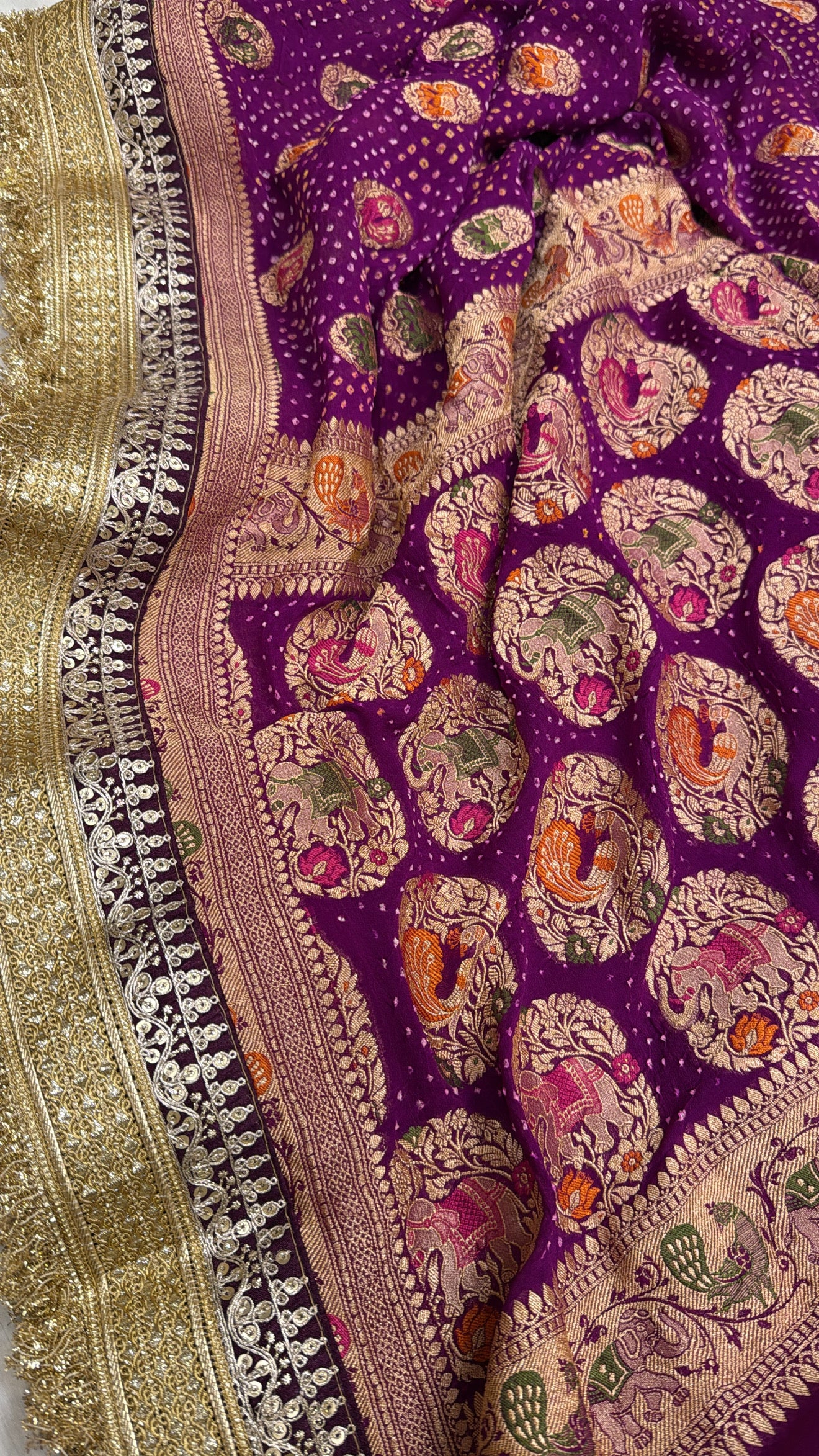 Magenta purple banarasi chiffon gorgette rai bandhej kadhwa saree