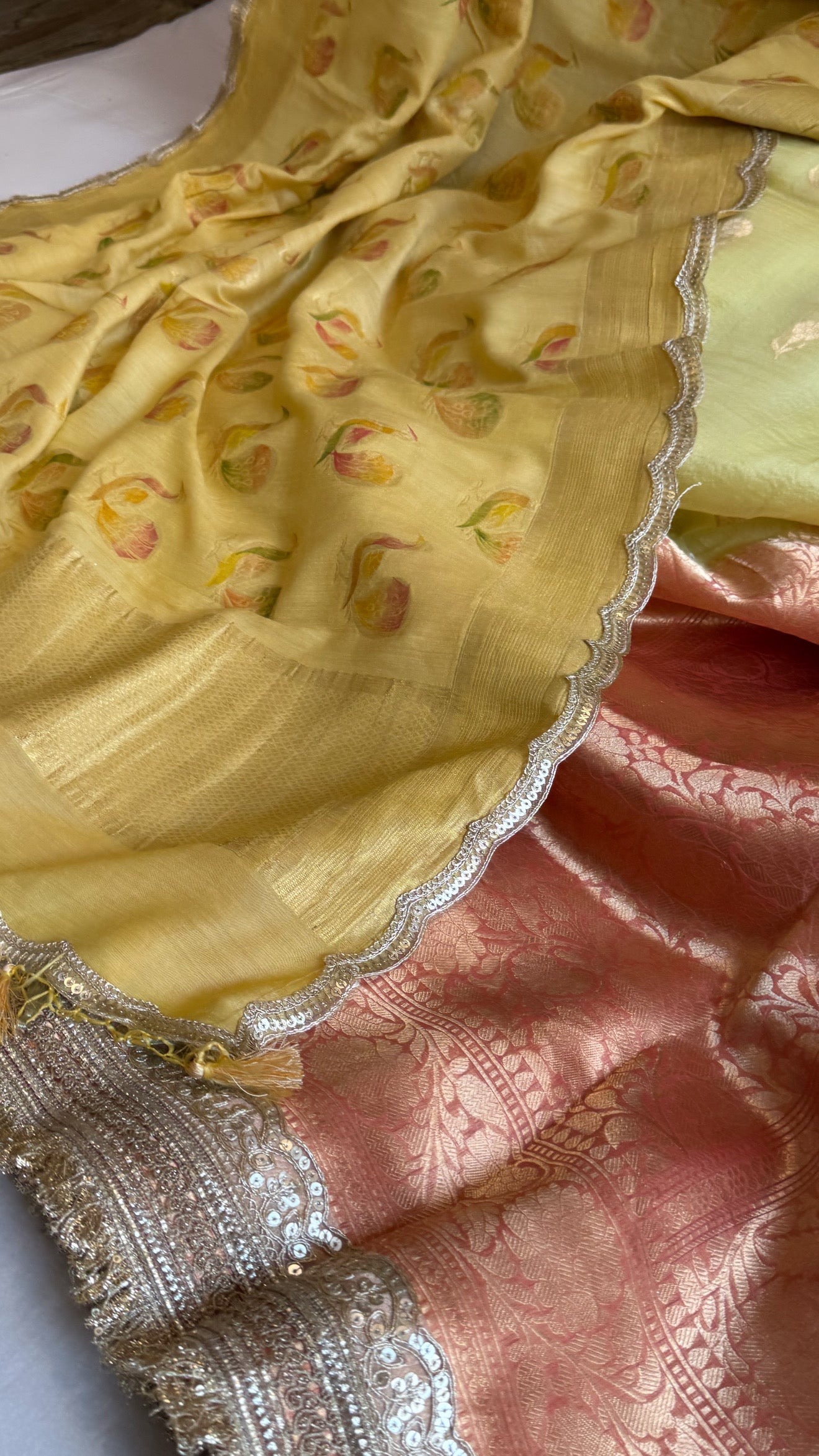 Kora silk chap dye contrast border kadhwa saree paired with moonga silk duppata sets