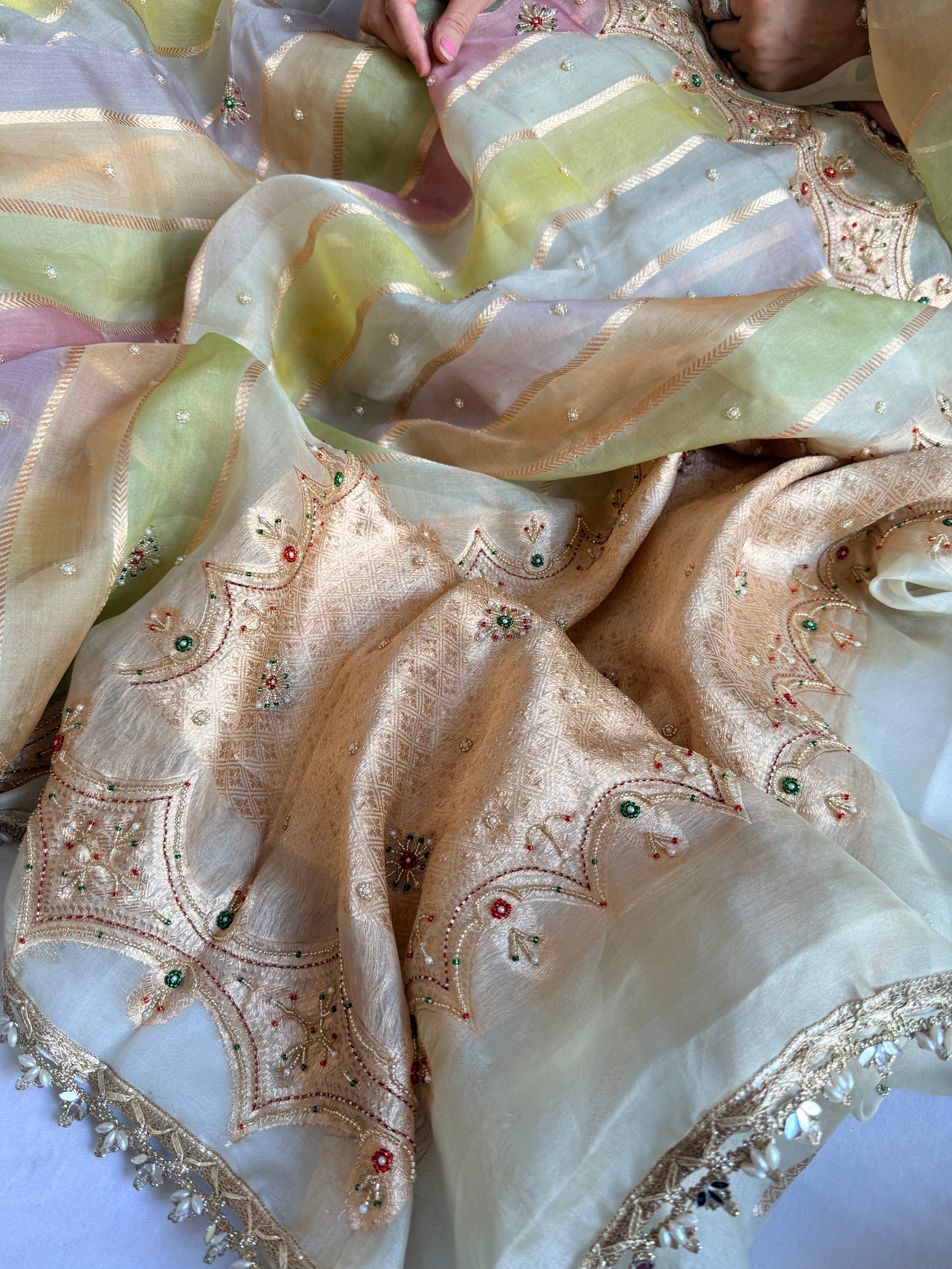 Rang birangi edit - Striped kora silk hand embroidered rangkaat saree