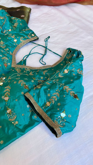 Sitara teal blue stitched hand embroidered blouse piece                SIZE - 36 to 38