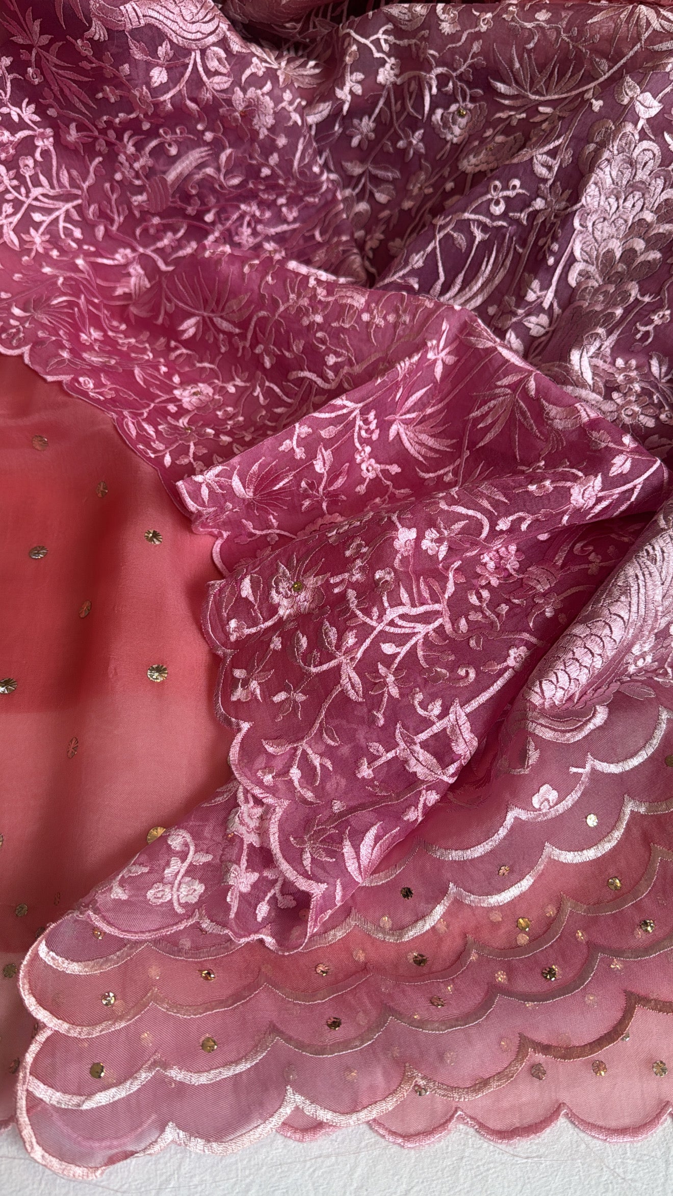 Shades of pink peach - Parsi gara kora silk resham and mukaish work hand embroidered suits