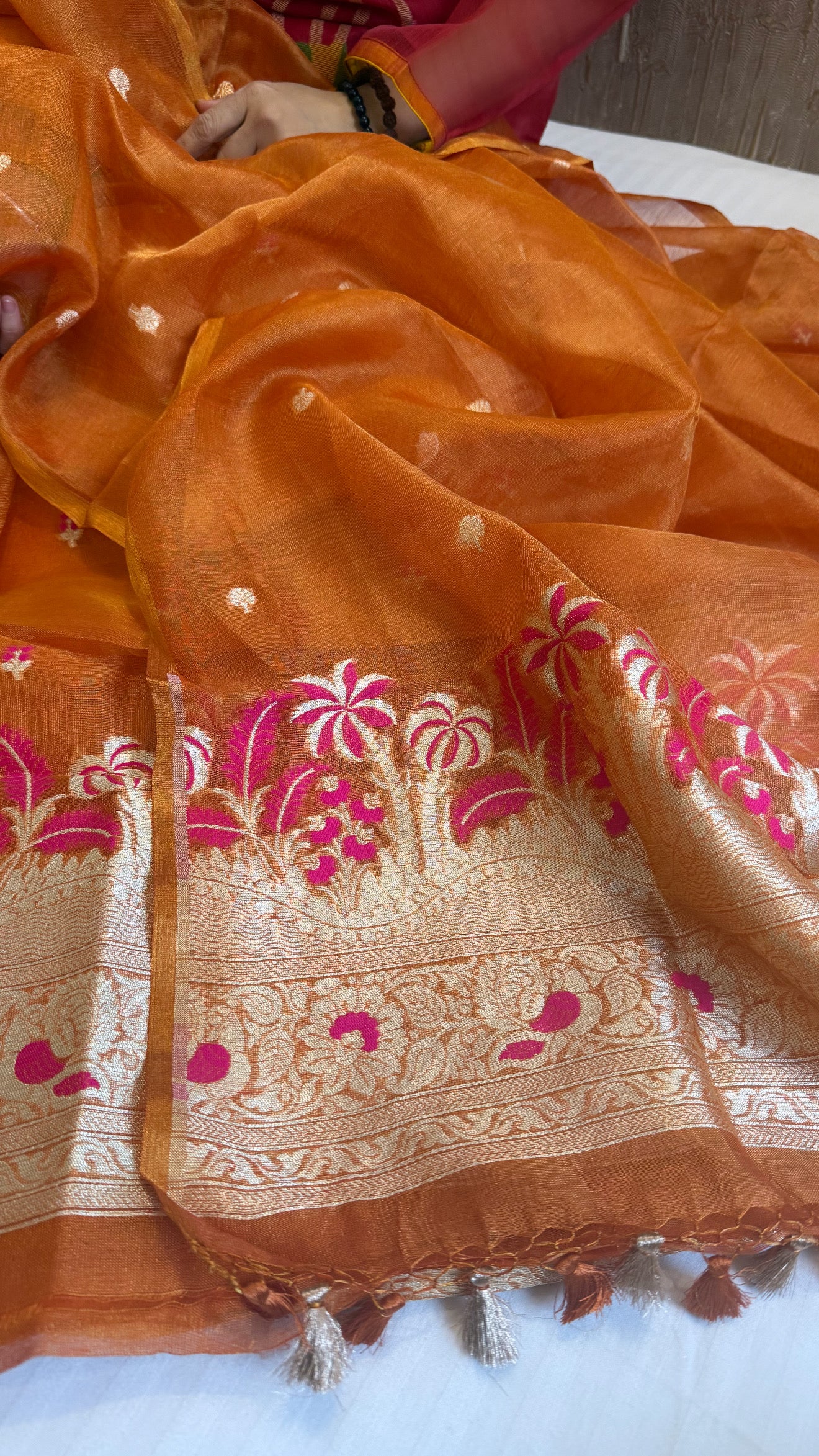 Linen tissue fanta orange meenakari kadhwa buti suit sets