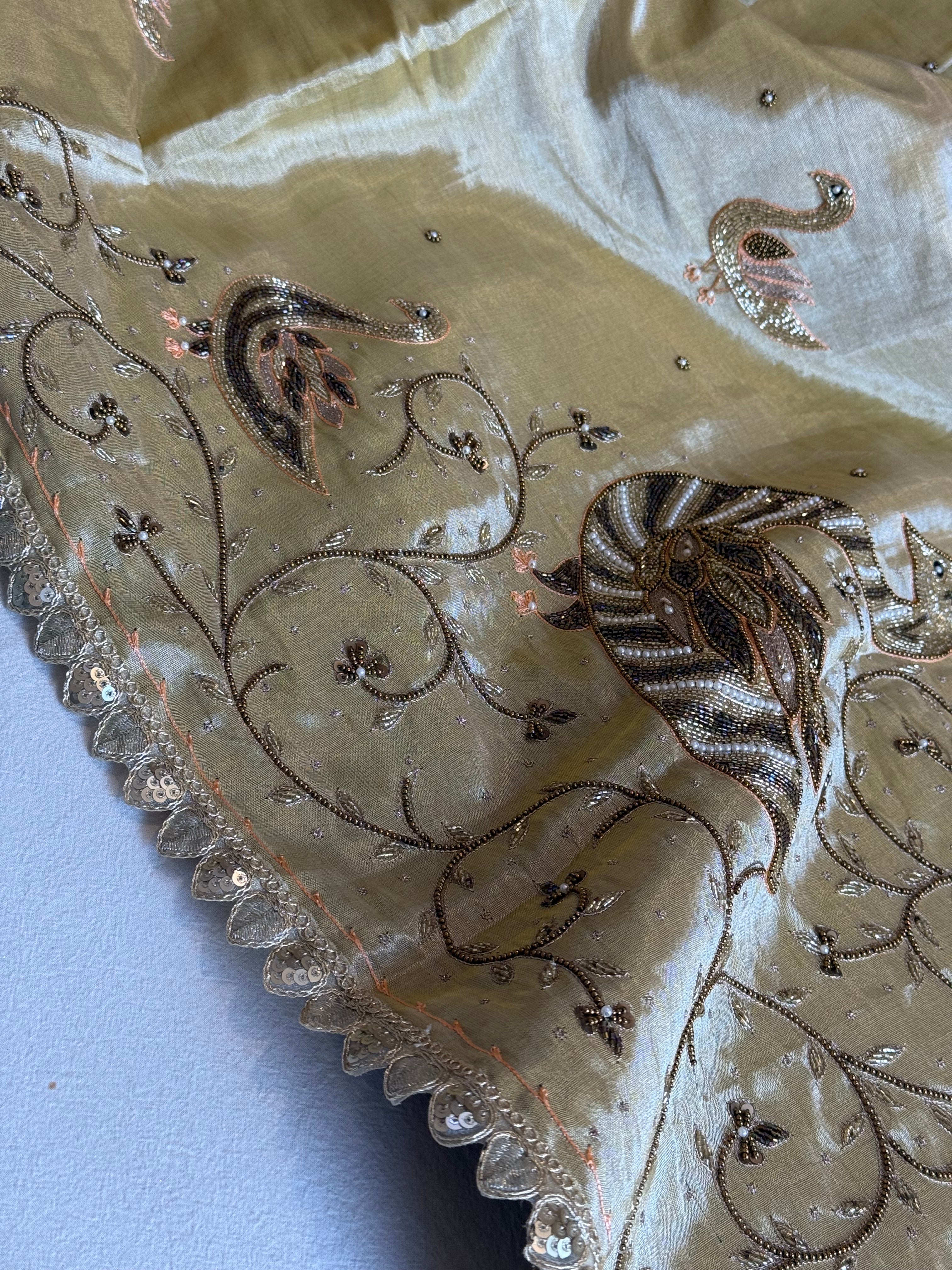 Satin tissue silk butter golden banarasi hand embroidered kadhwa saree