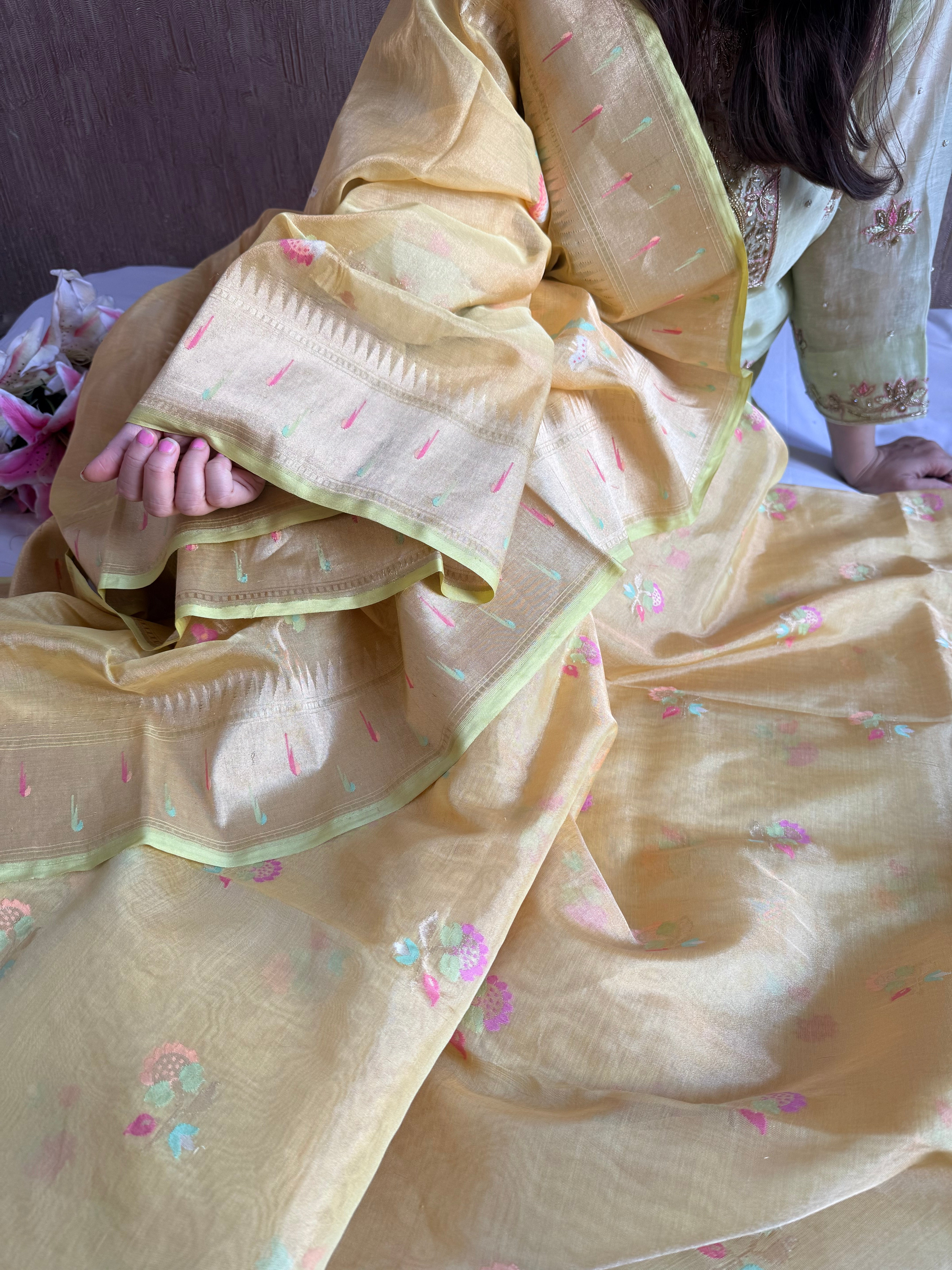 Lime gold mul tissue iktara jamdani paithani border suit set