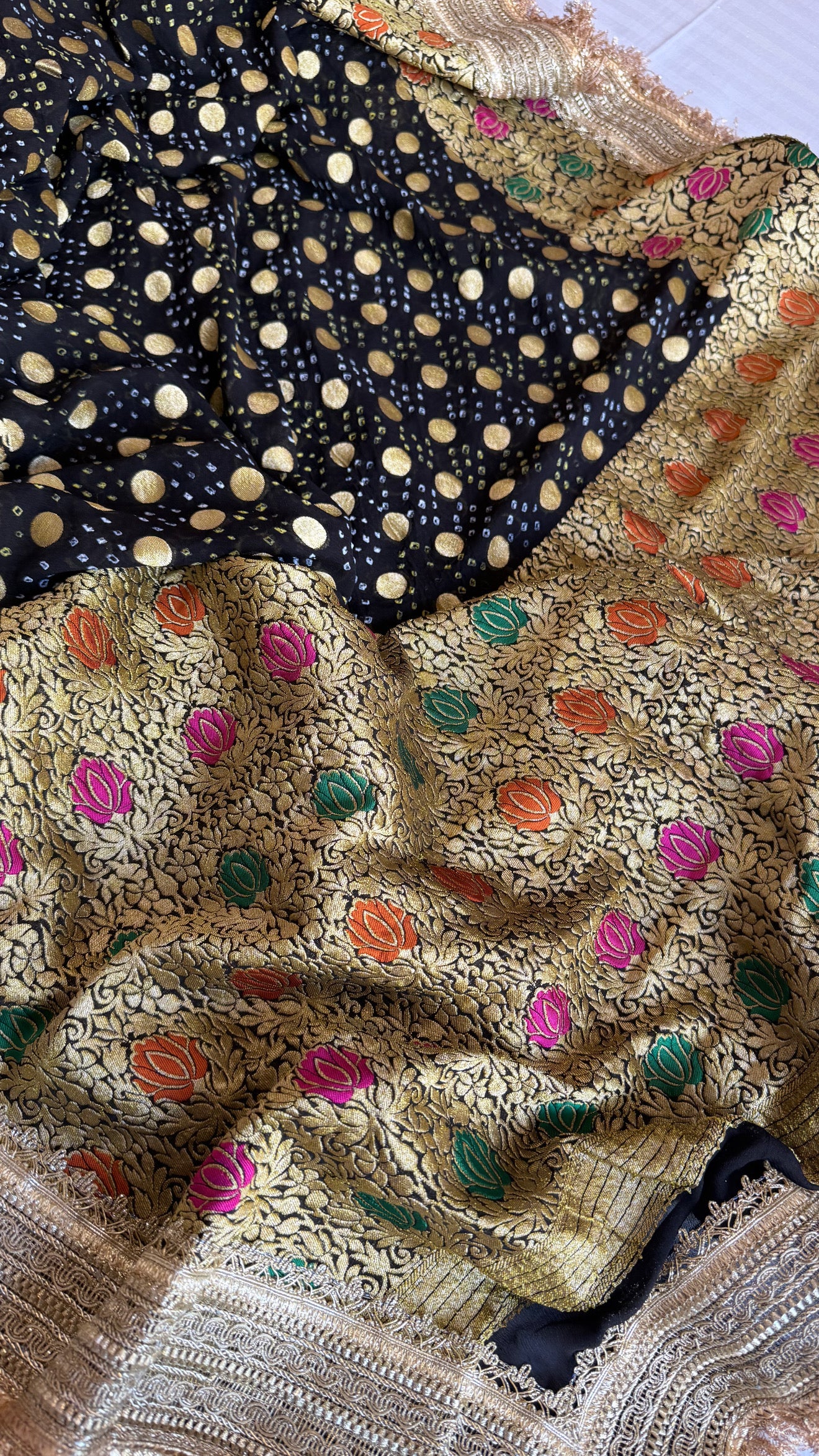 Black banarasi gorgette bandhej kadhwa meenakari saree