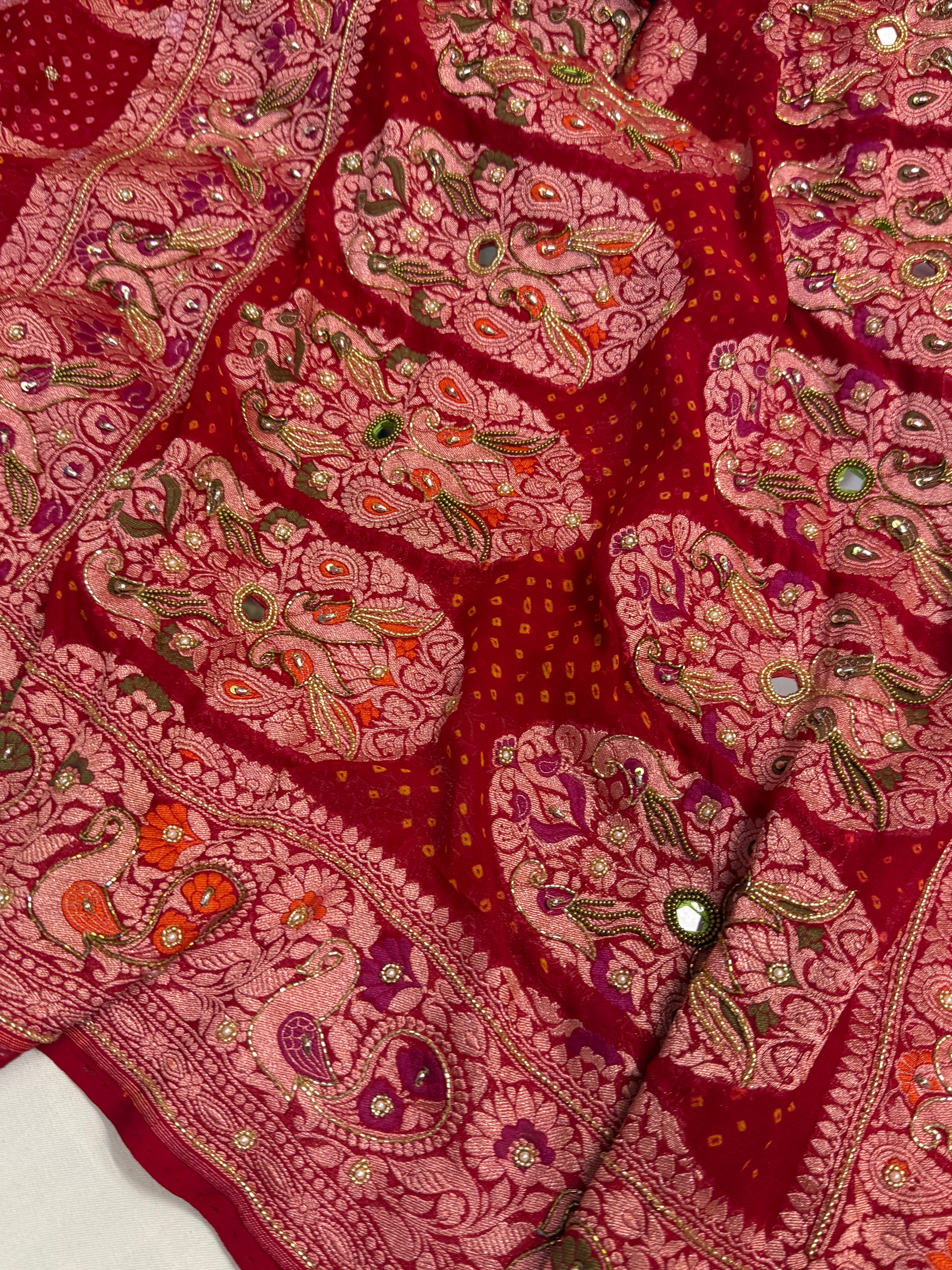 Red banarasi chiffon gorgette kadhwa hand embroidered gharchola weaving saree