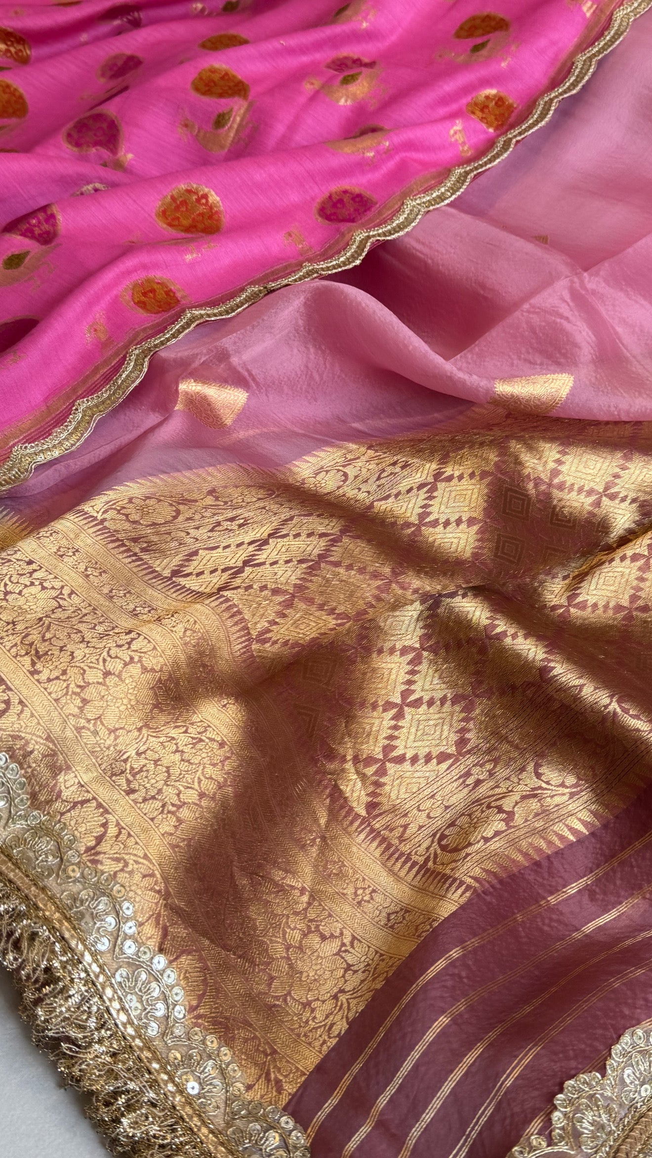 Kora silk chap dye contrast border kadhwa saree paired with moonga silk duppatas