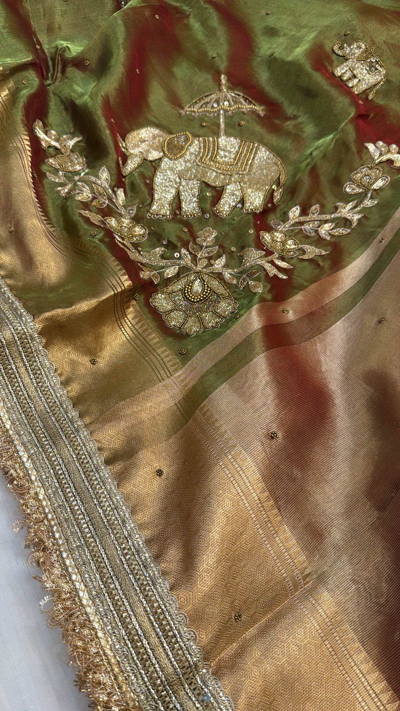 Wedding edit - Husn mehendi green elephant motif tissue silk hand embroidered saree