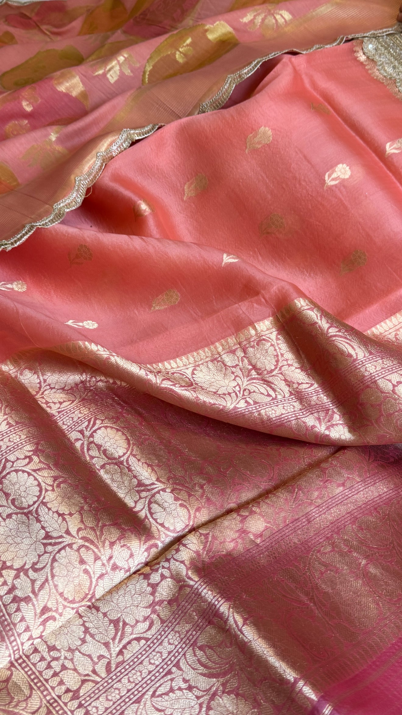 Kora silk chap dye contrast border kadhwa saree paired with moonga silk duppata