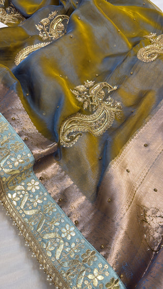 Husn dusty metallic blue tissue silk hand embroidered saree