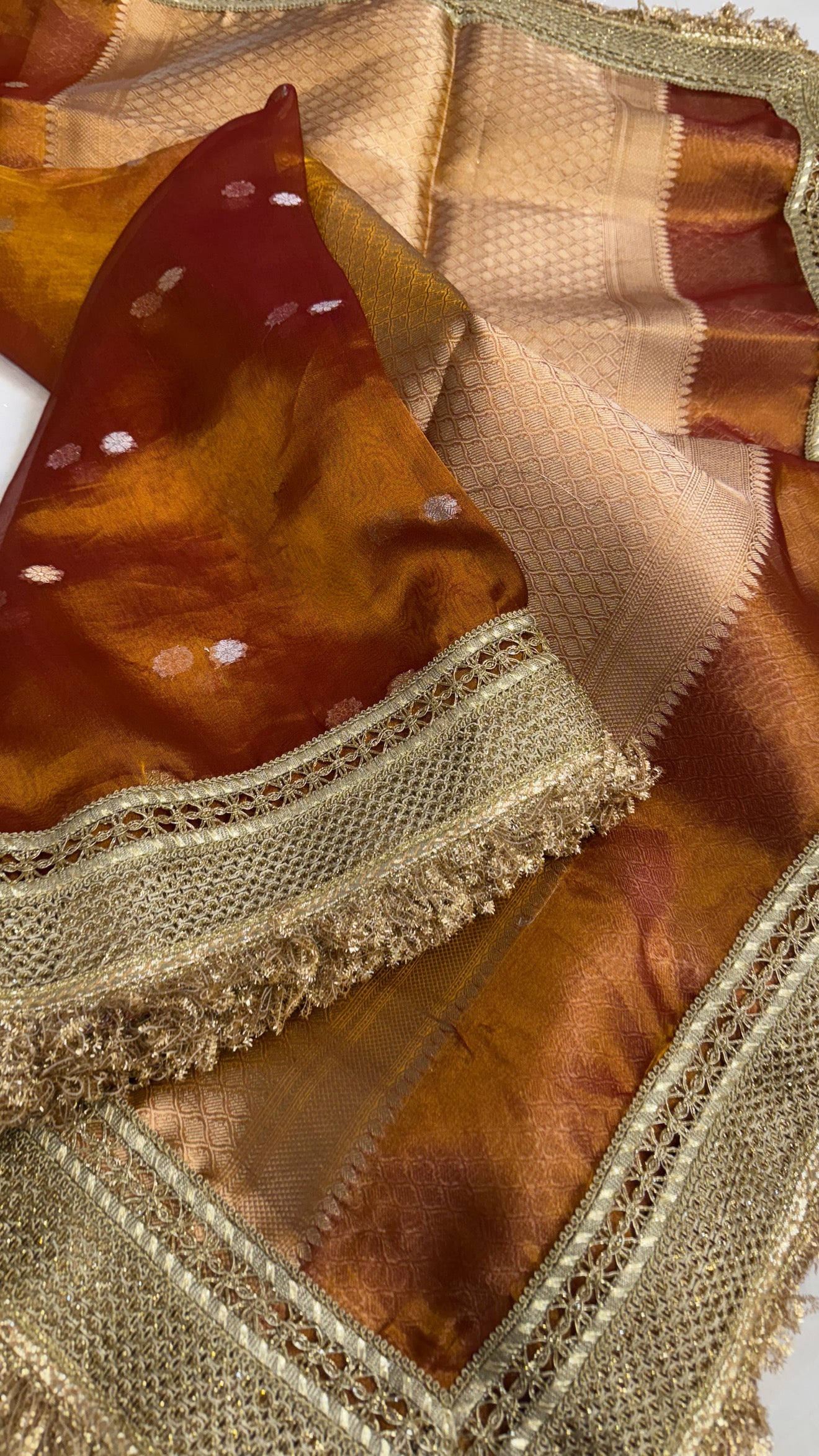 Maharani burnt orange tissue silk kadhwa buti saree