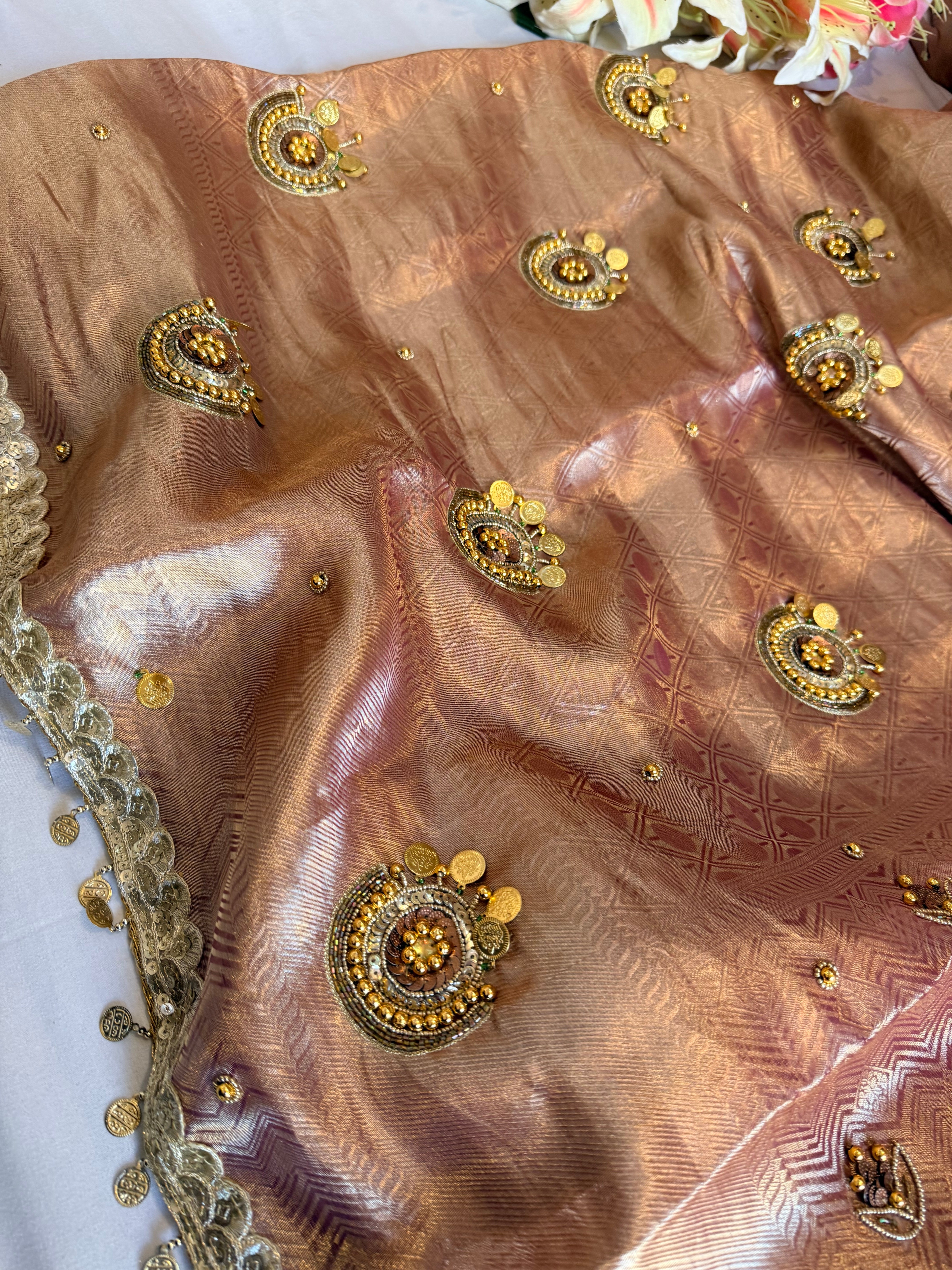 Banarasi tissue brocade jadau work hand embroidered kadhwa purple saree