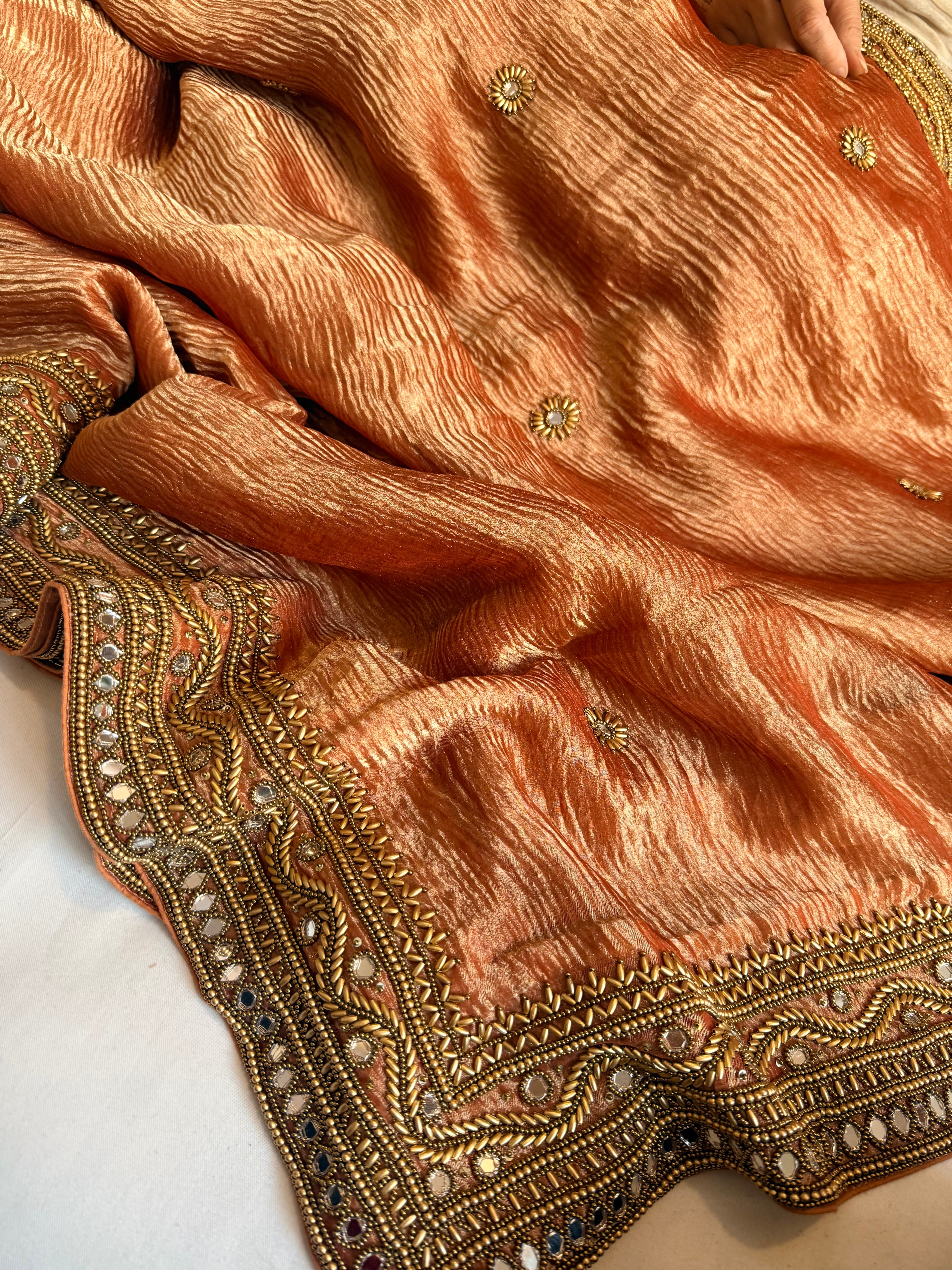 Rajkumari gajri crushed tissue silk hand embroidered kadhwa saree