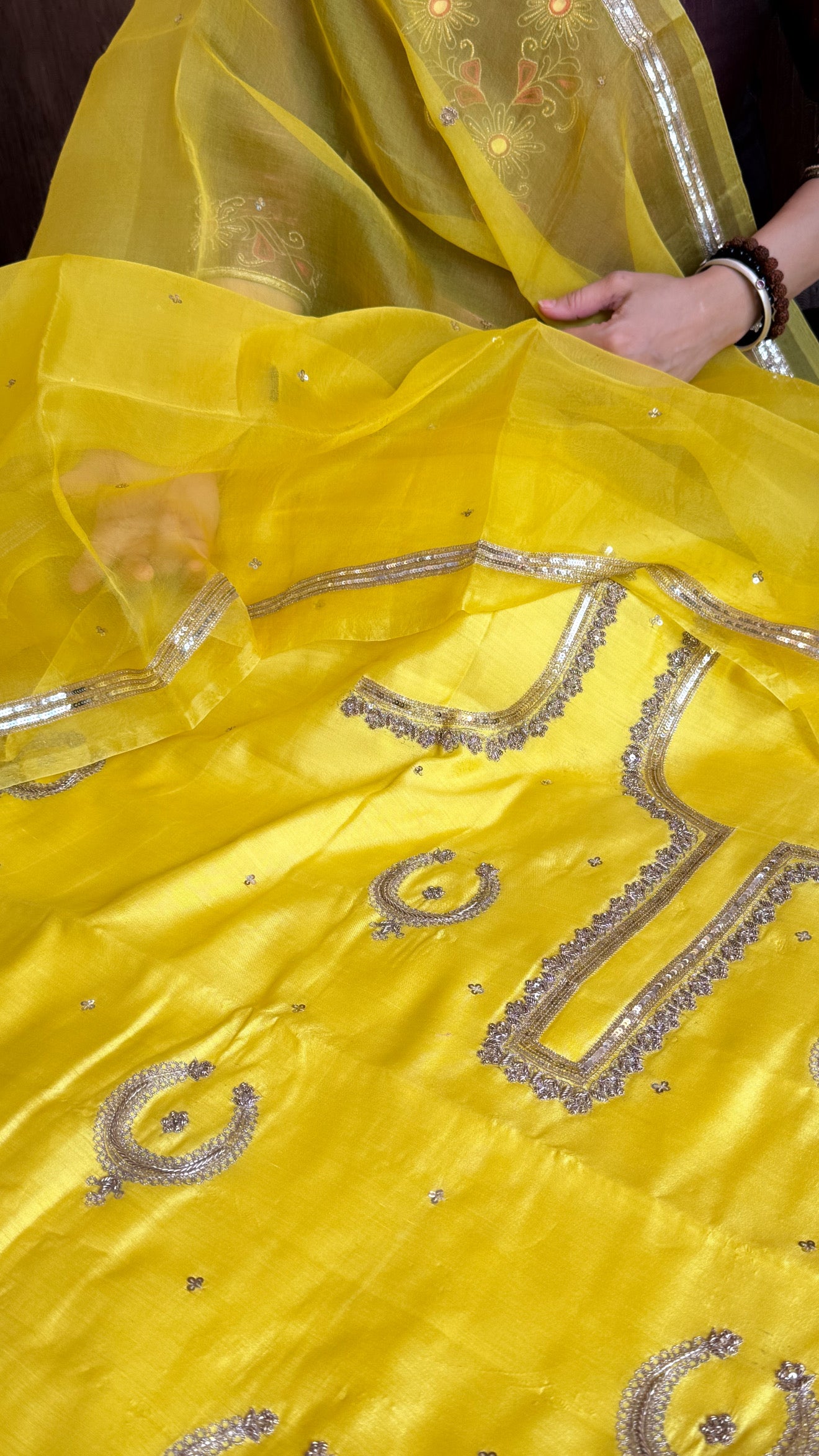 Nimbu yellow chand-buta chiniya silk kadhwa hand embroidered kurta paired with kora silk hand embroidered duppata set