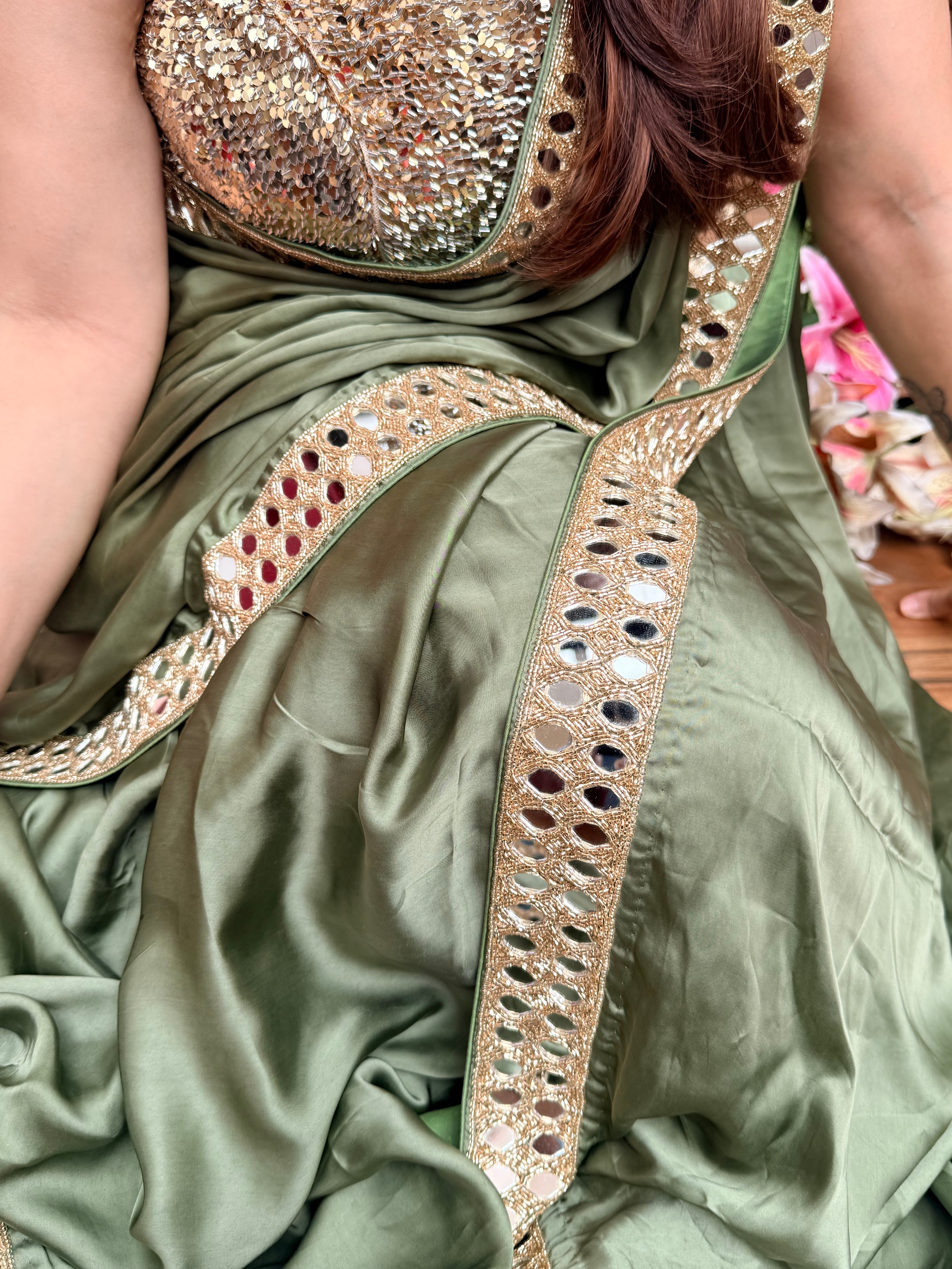 Tyohaar edit - Olive green mashru satin silk mirrorwork kadhwa saree
