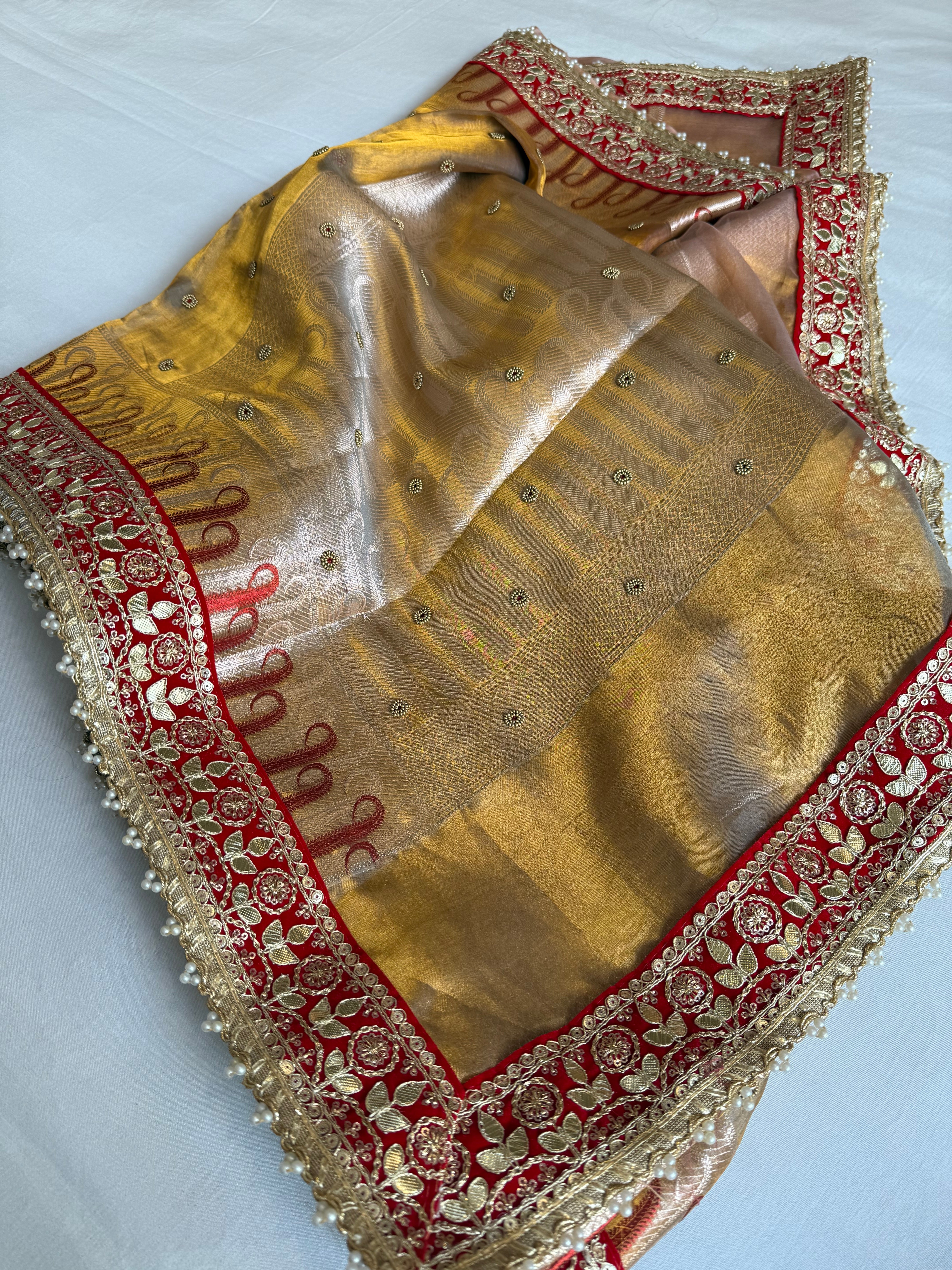 Kanjivaram gold tissue silk red meenakari hand embroidered kadhwa saree