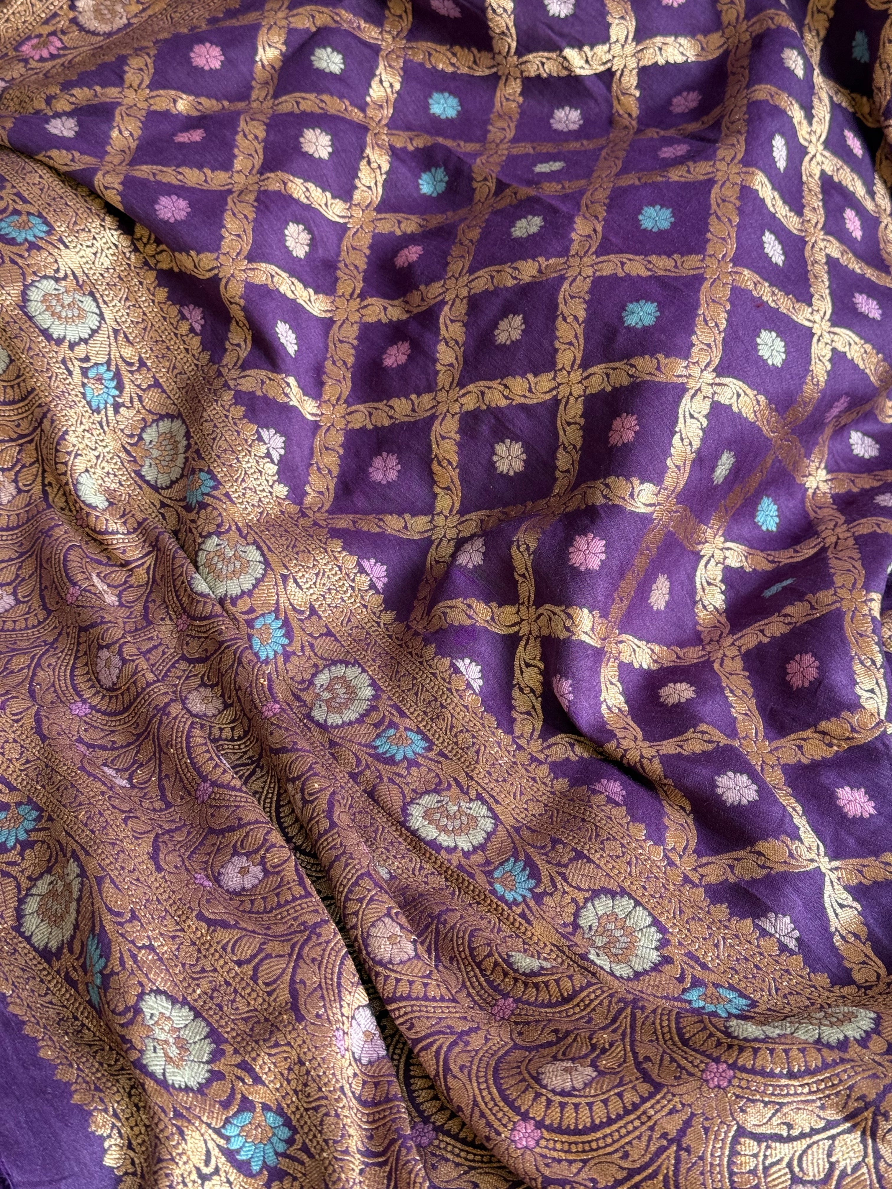 Moonga silk brinjal purple chaukadi duppata with meenakari kadhwa weaving
