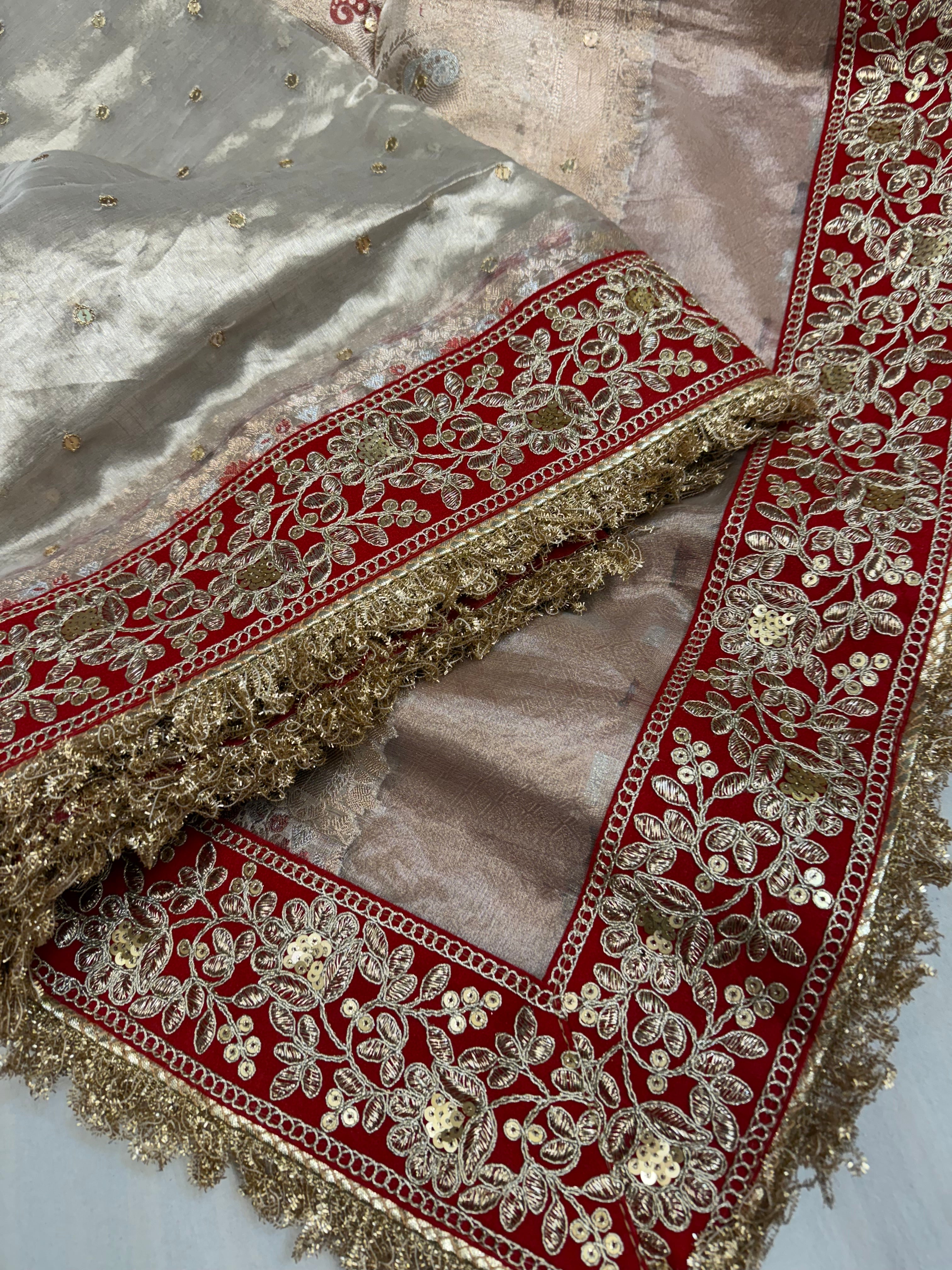 Diamond tissue silk chunri buti hand embroidered panetar saree