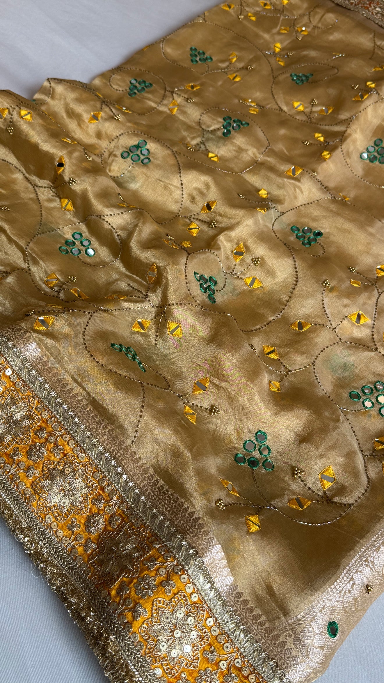 Sheesham edit - Heavy double tissue silk mirror work hand embroidered saree