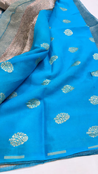 Pure banarasi firozi blue crushed tissue silk handwoven kadhwa saree with intricate border and kadhwa blouse