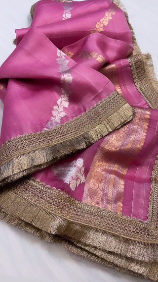 Lotus pink shade leela kora silk jungla saree