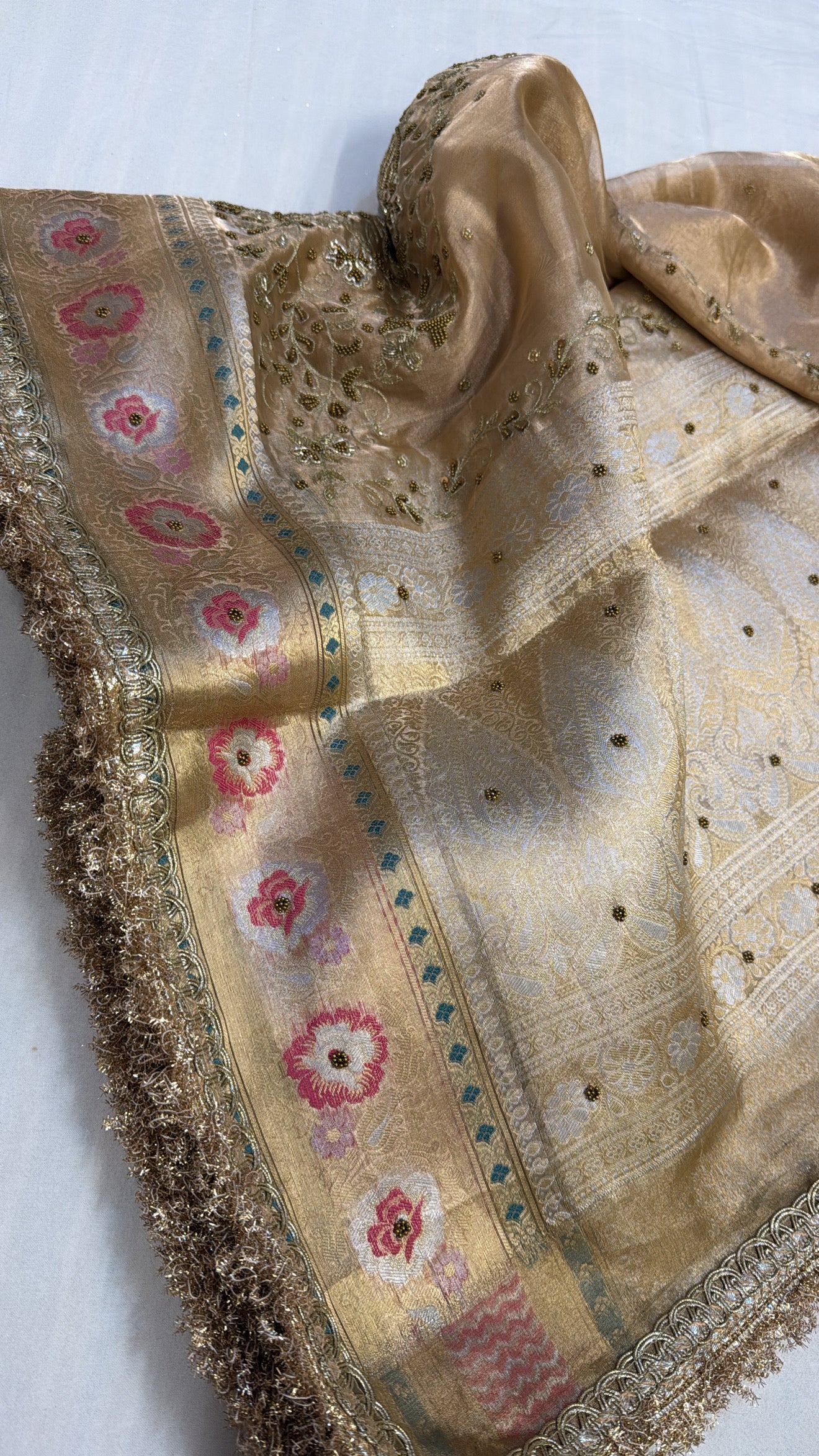 Golden husn tissue silk hand embroidered kadhwa meenakari saree