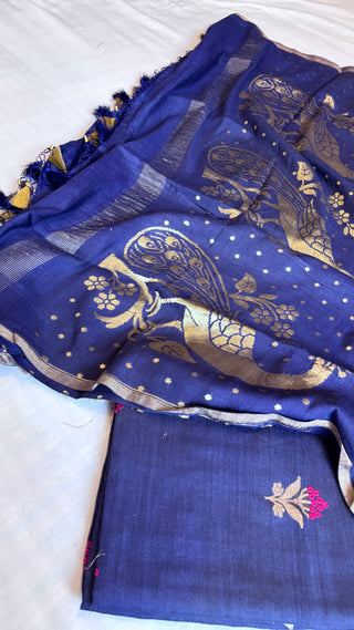 Royal blue moonga silk meenedar suit set