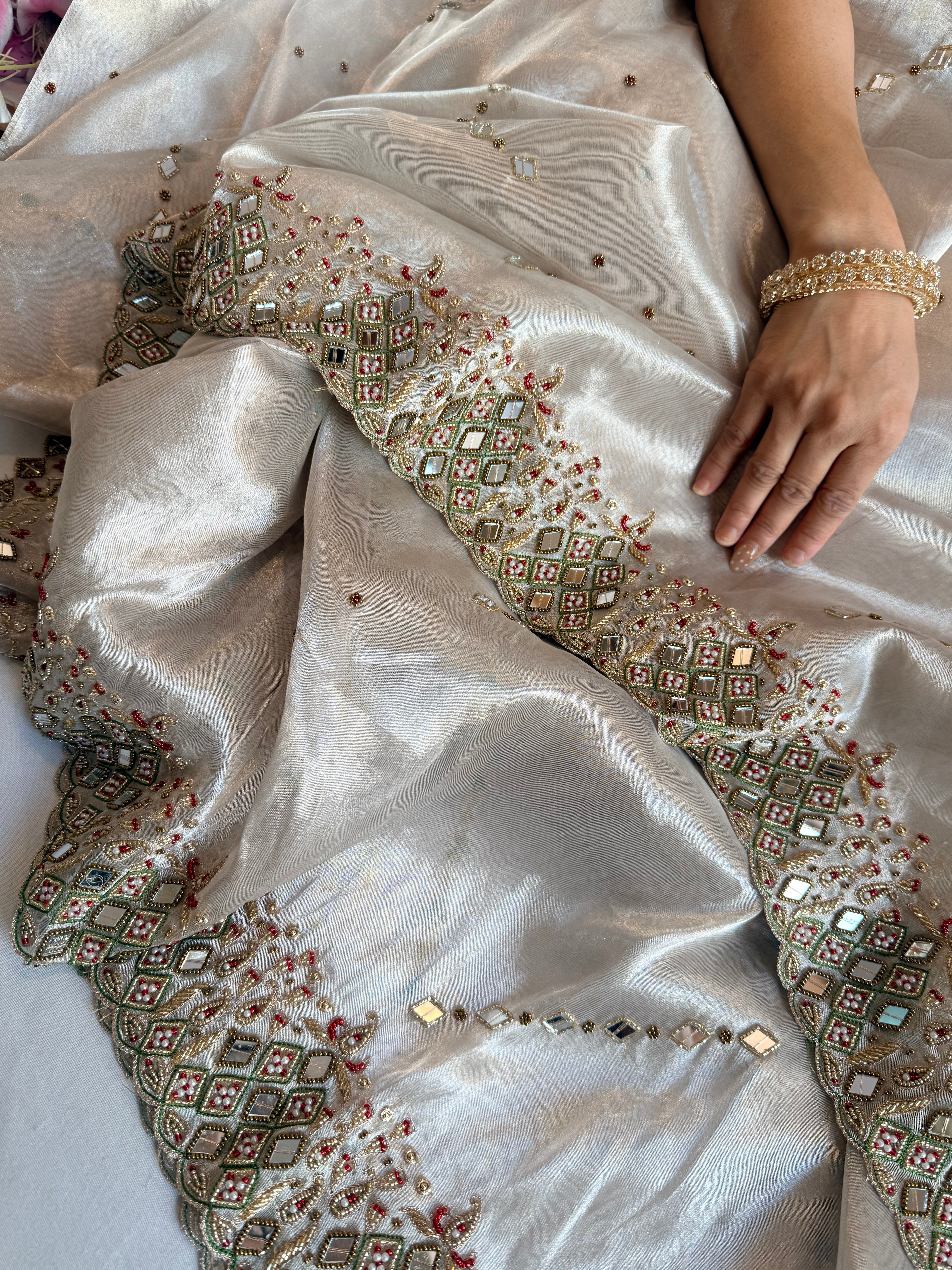 Jheel edit tissue silk diamond hand embroidered kadhwa saree