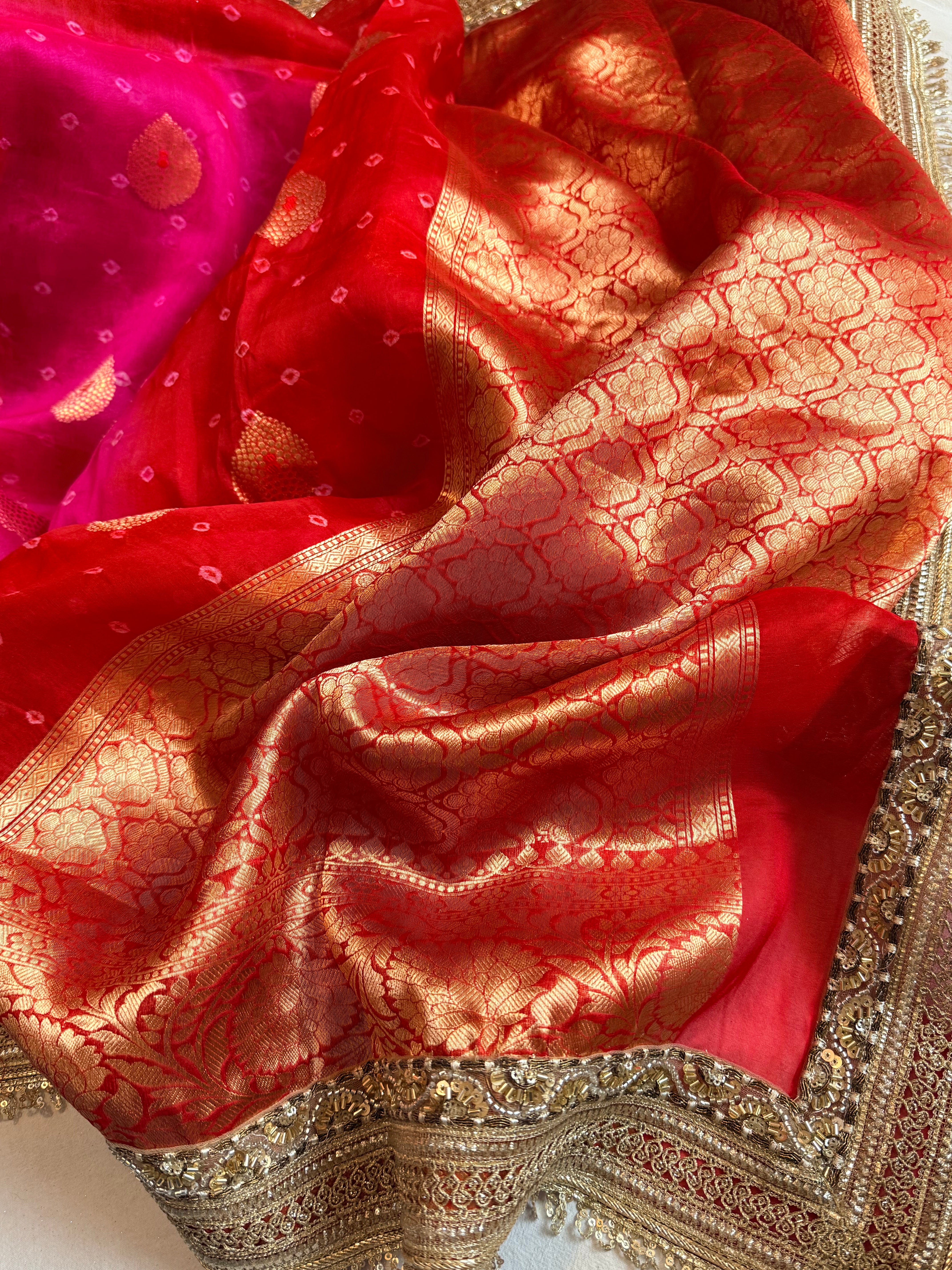 Mayra wali saree - Kora silk bandhej work meenakari gotapatti saree
