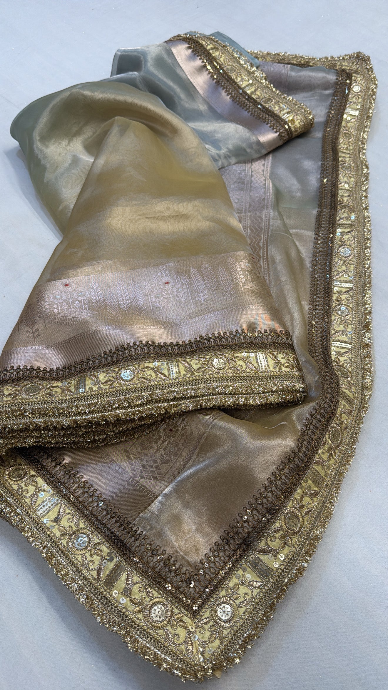 Golden Maharani tissue silk shaded multicoloured kadhwa saree