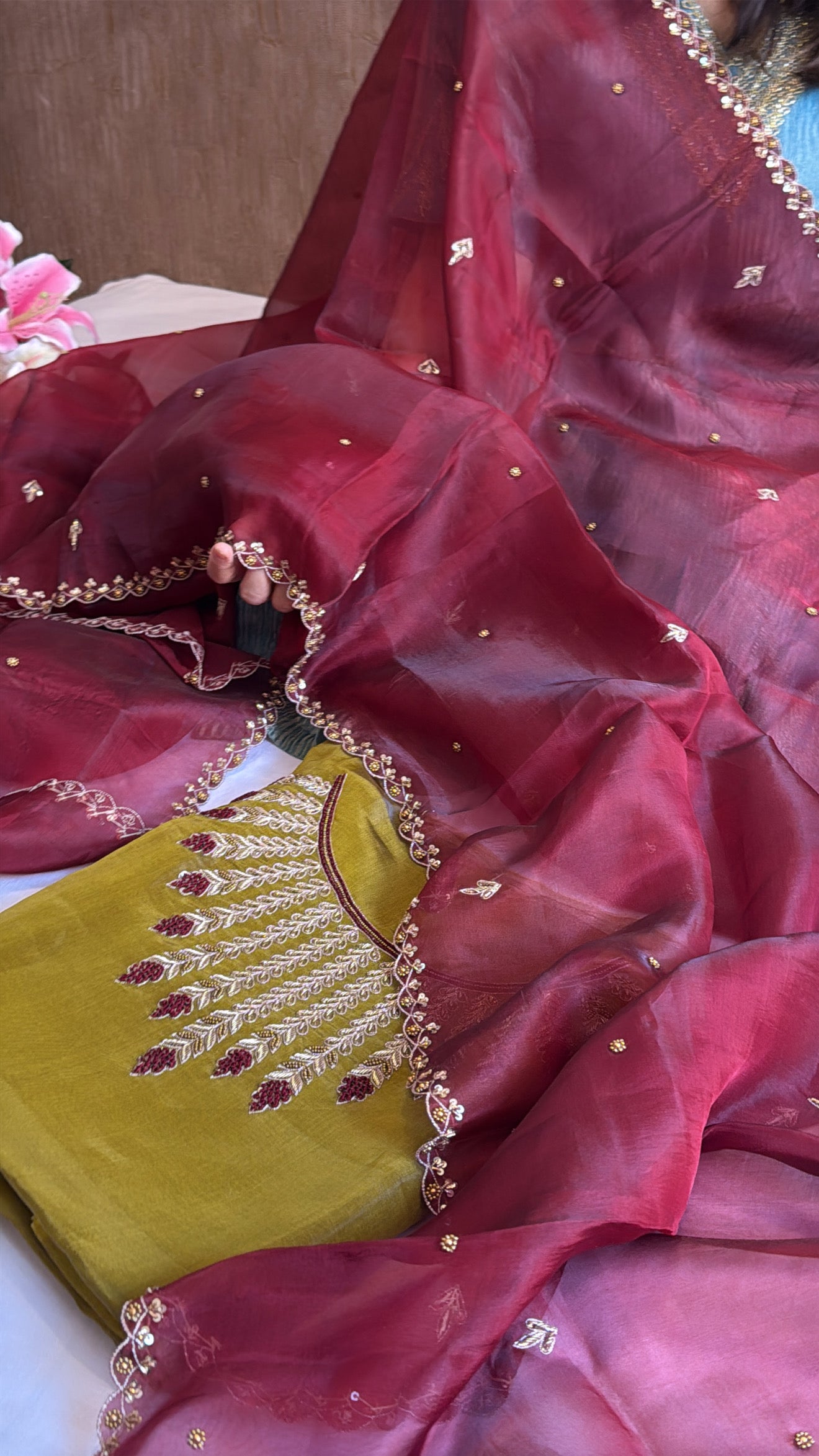 Olive green - maroonish kora silk heavy hand embroidered suit set