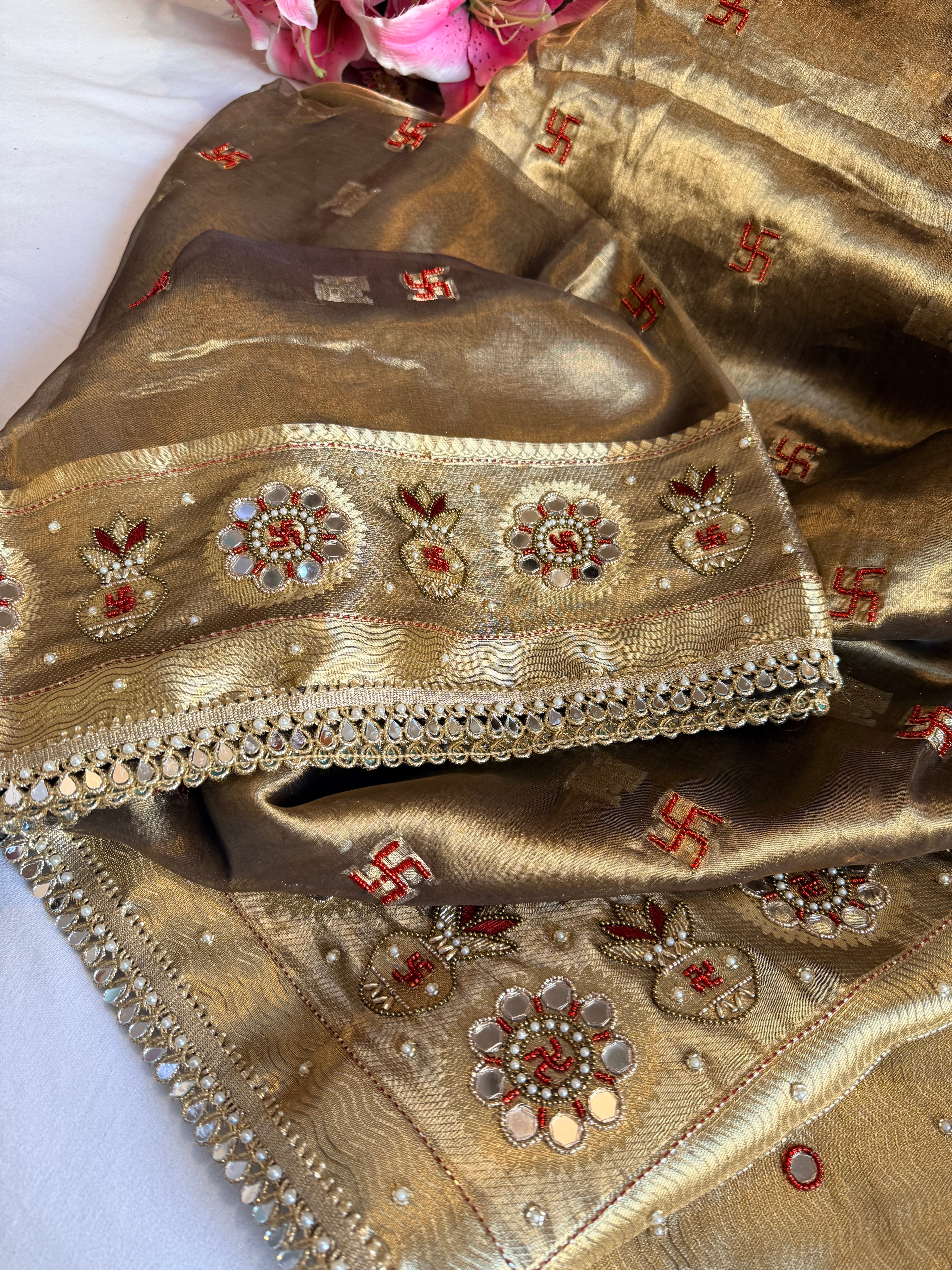 Nayi bahu wali saree edit - Molten gold tissue silk kalash and swastik hand embroidered mirror work saree