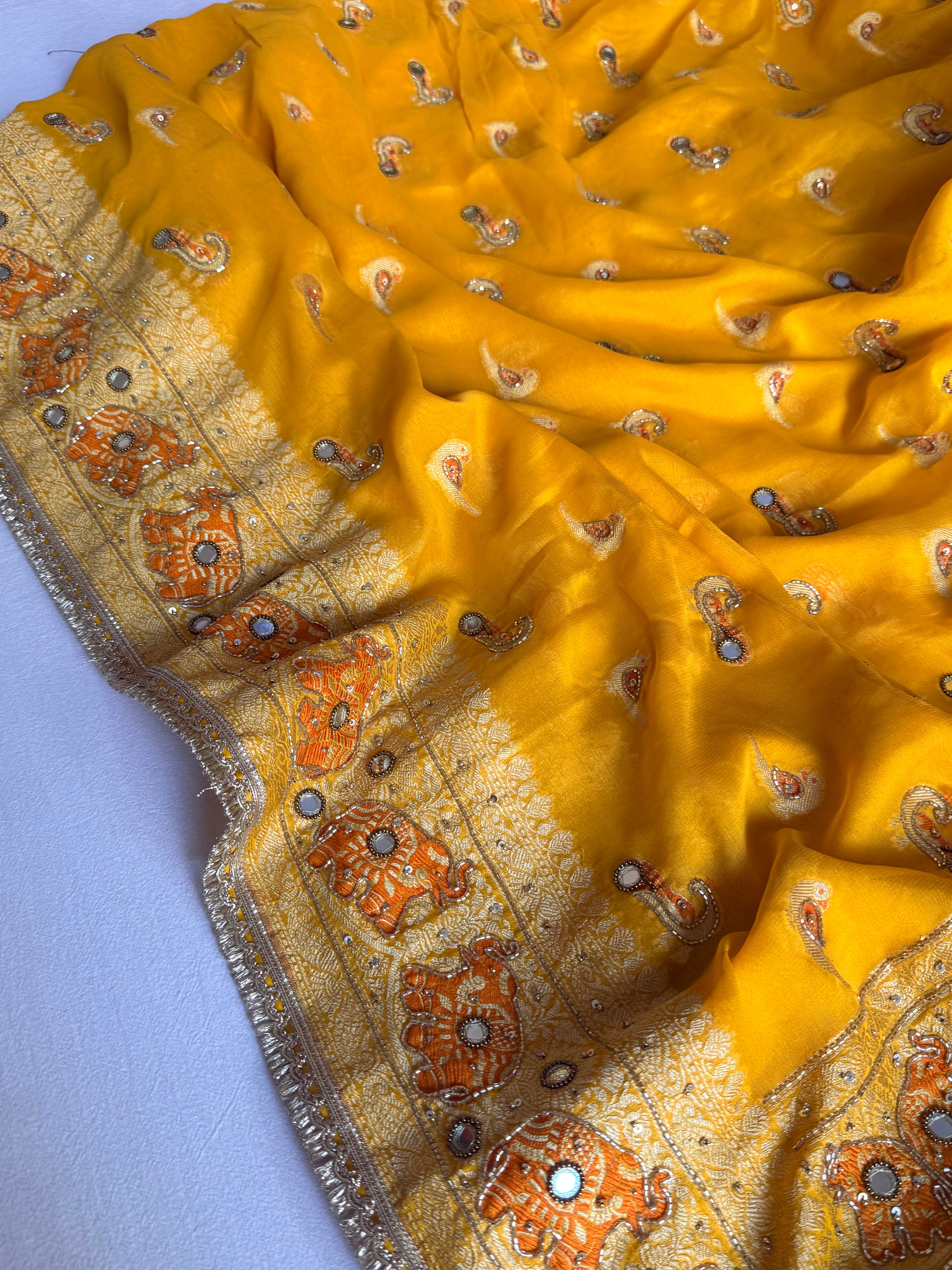 Banarasi chiffon gorgette kadhwa weaving hand embroidered saree