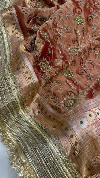 Cocktail edit sarees - Tangerine red tissue silk heavy hand embroidered saree