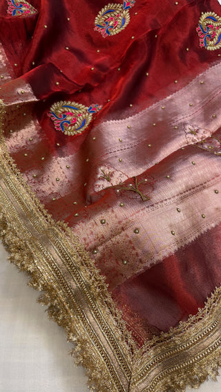 Baarat wali saree - Hot red husn tissue silk hand embroidered saree