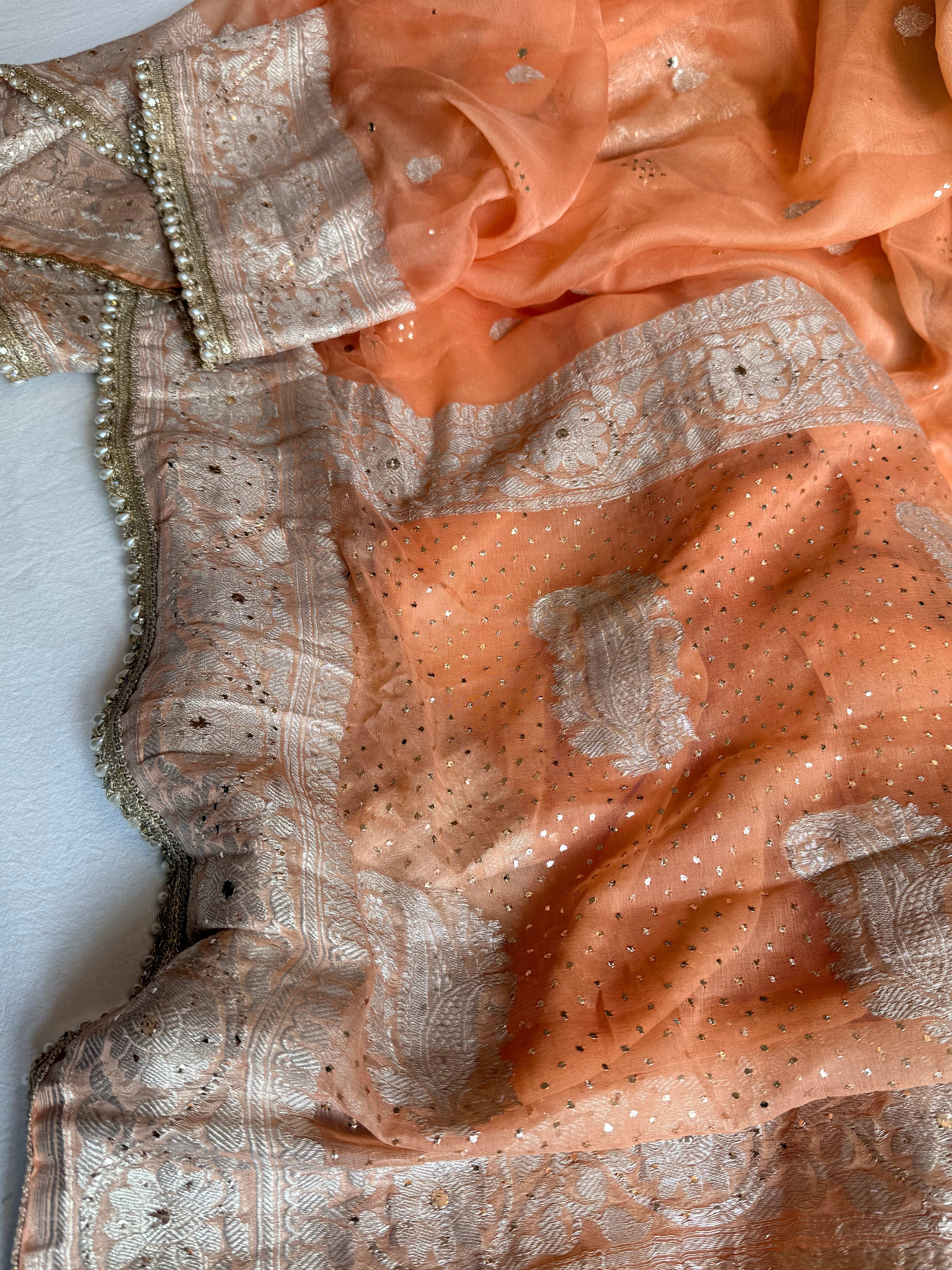 Chiffon gorgette banarasi peach mukaish work hand embroidered saree