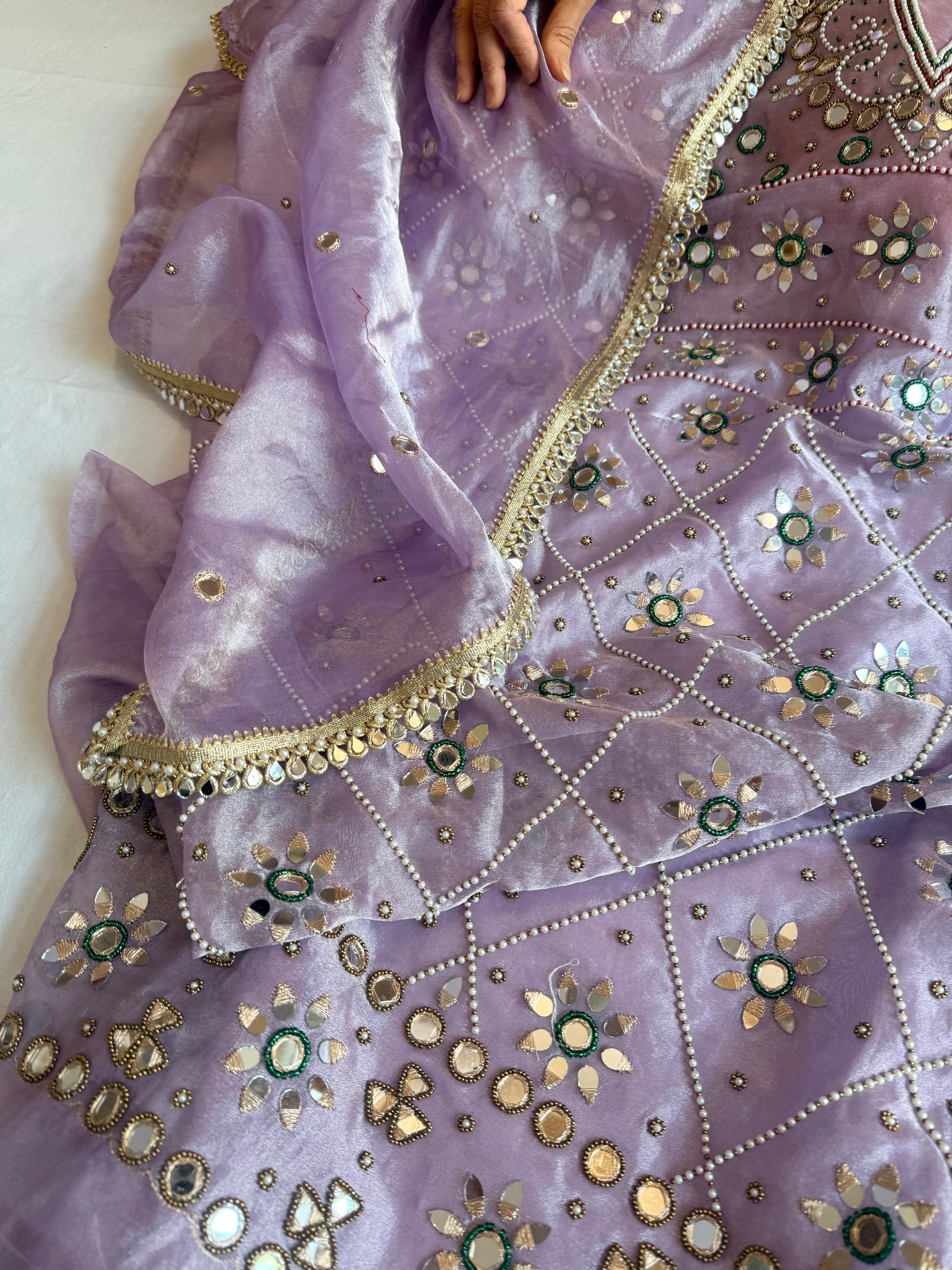 Sheeshmahal suit - Misty lilac tissue silk mirror work hand embroidered suit sets
