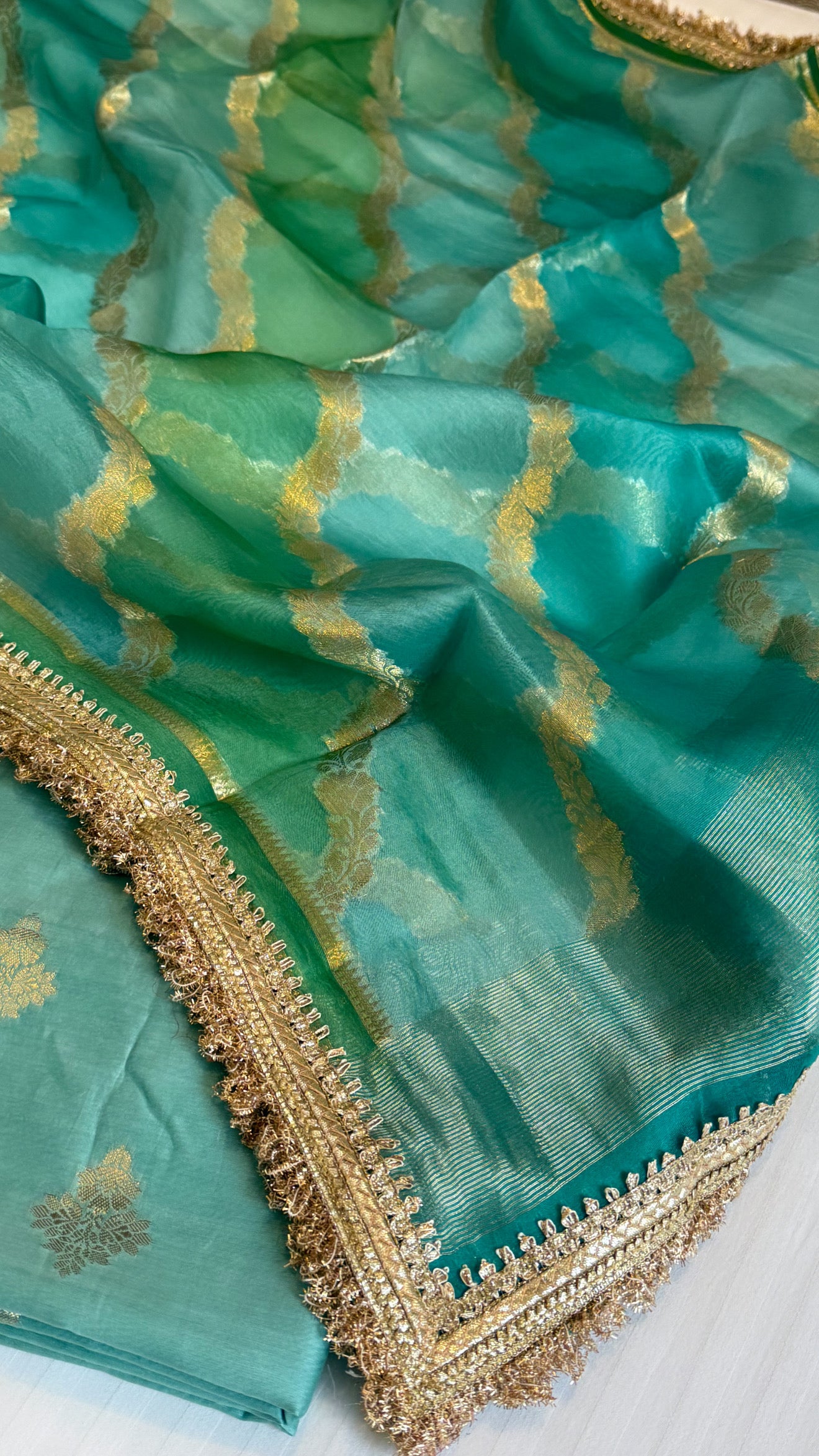 Shades of rama green - Kora silk rangkaat duppata paired with silk kurta set