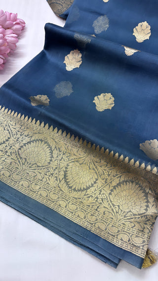 Pure banarasi english blue kora silk kadhwa saree with handwoven kadhwa buti