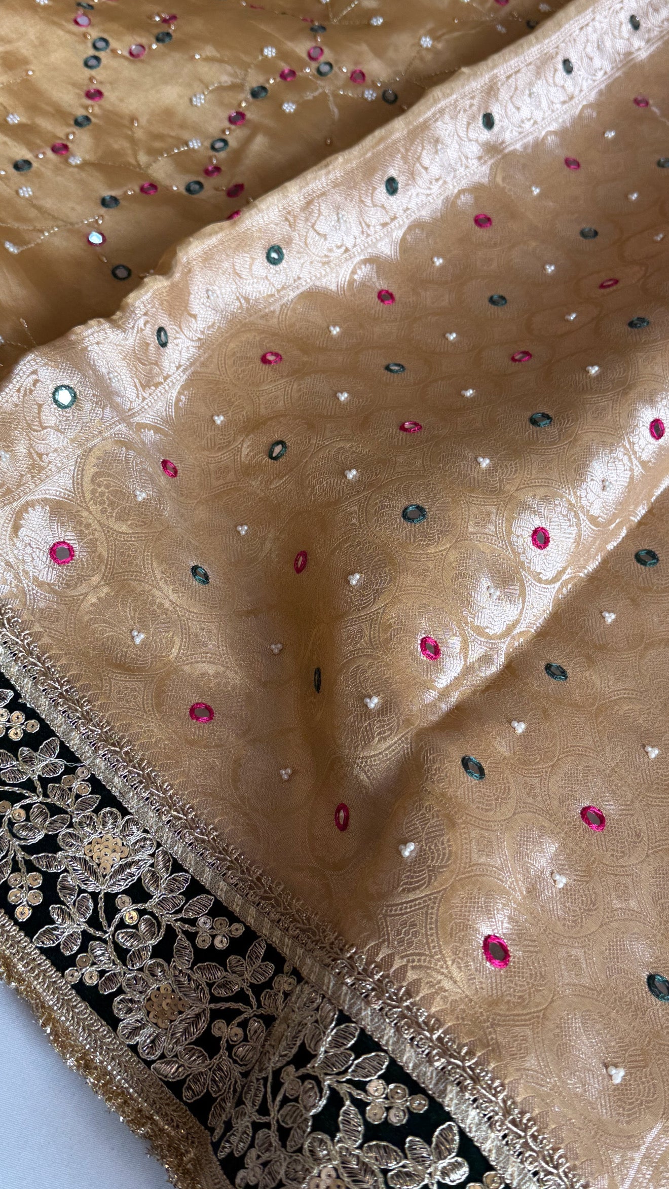 Sheesham edit - Heavy double tissue silk mirror work hand embroidered saree