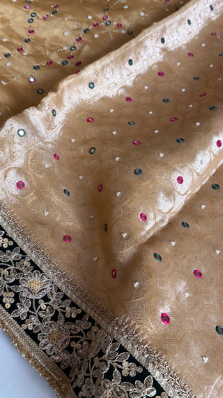 Sheesham edit - Heavy double tissue silk mirror work hand embroidered saree