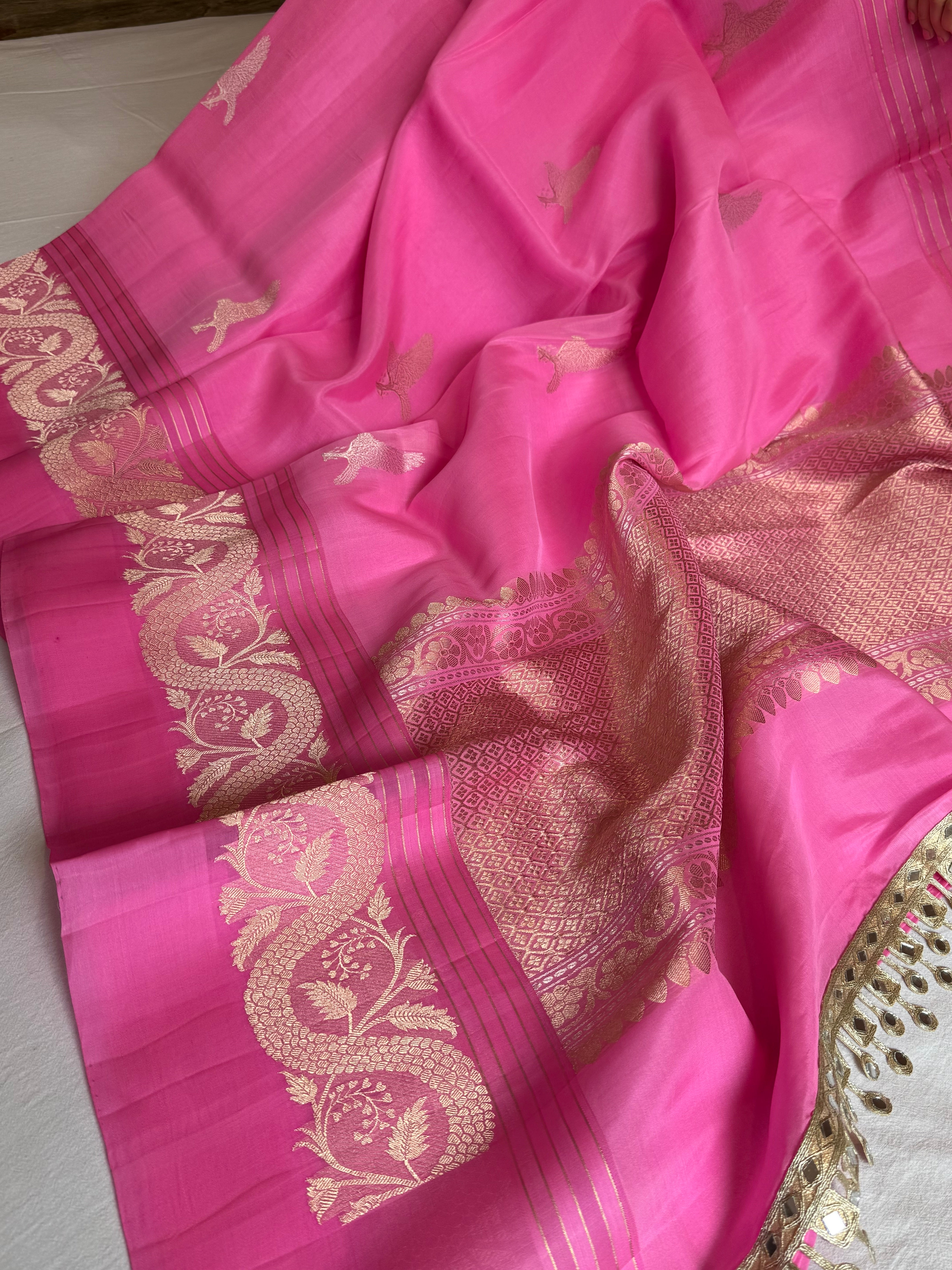 Strawberry pink banarasi kora silk hand embroidered saree