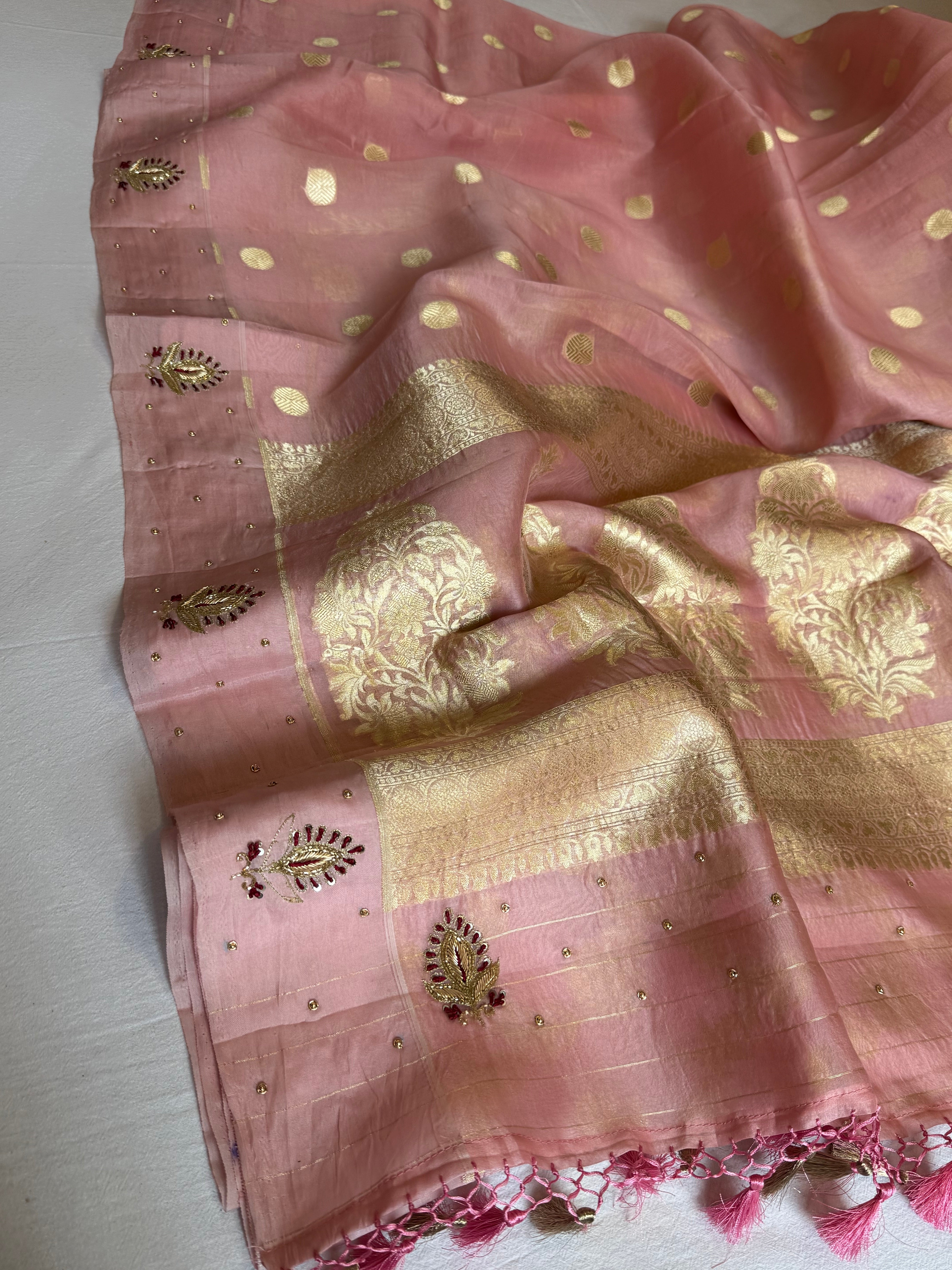 Blush pink banarasi kora silk hand embroidered kadhwa saree