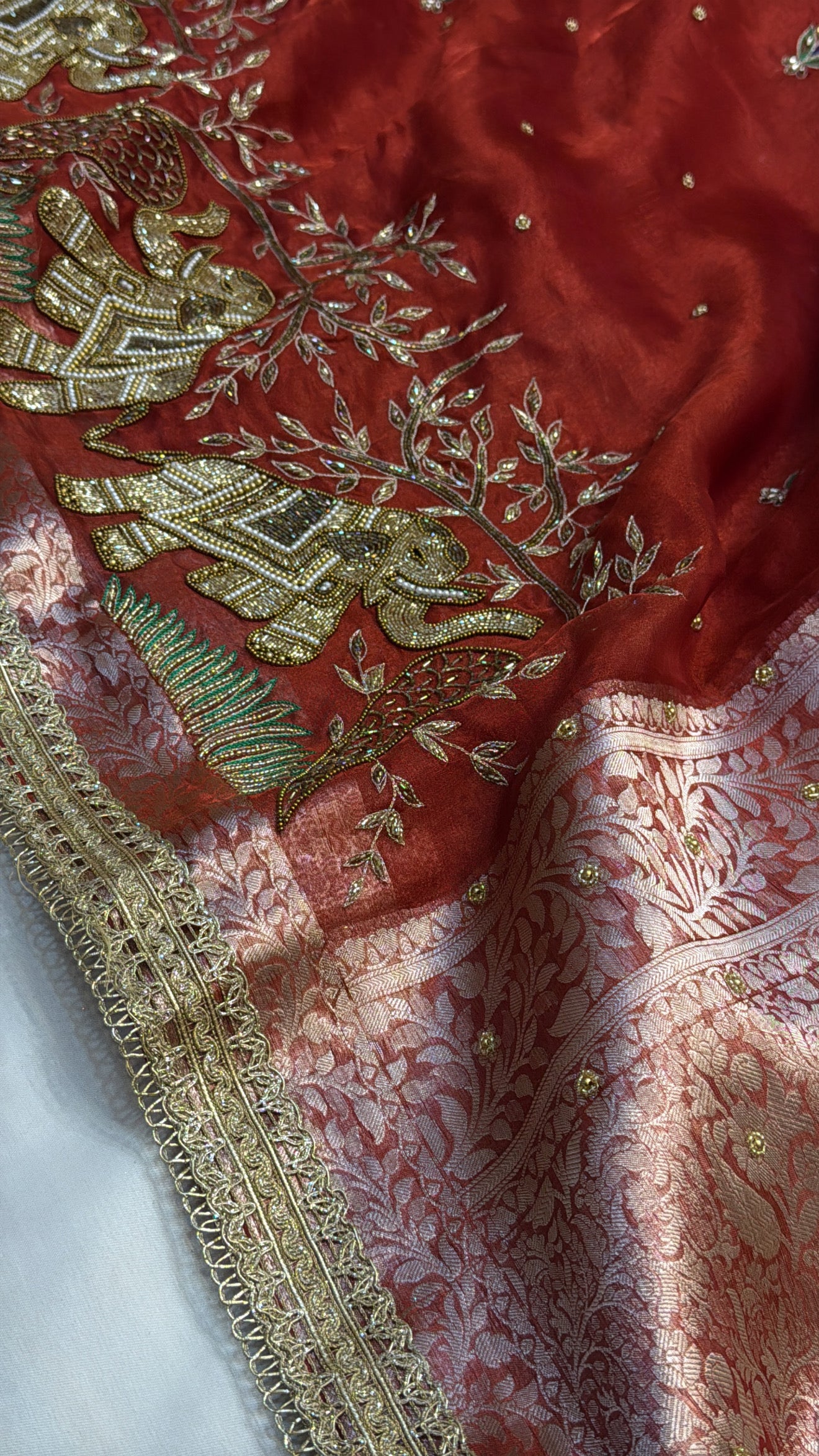 Dulhan ka joda red tissue silk hand embroidered kadhwa saree