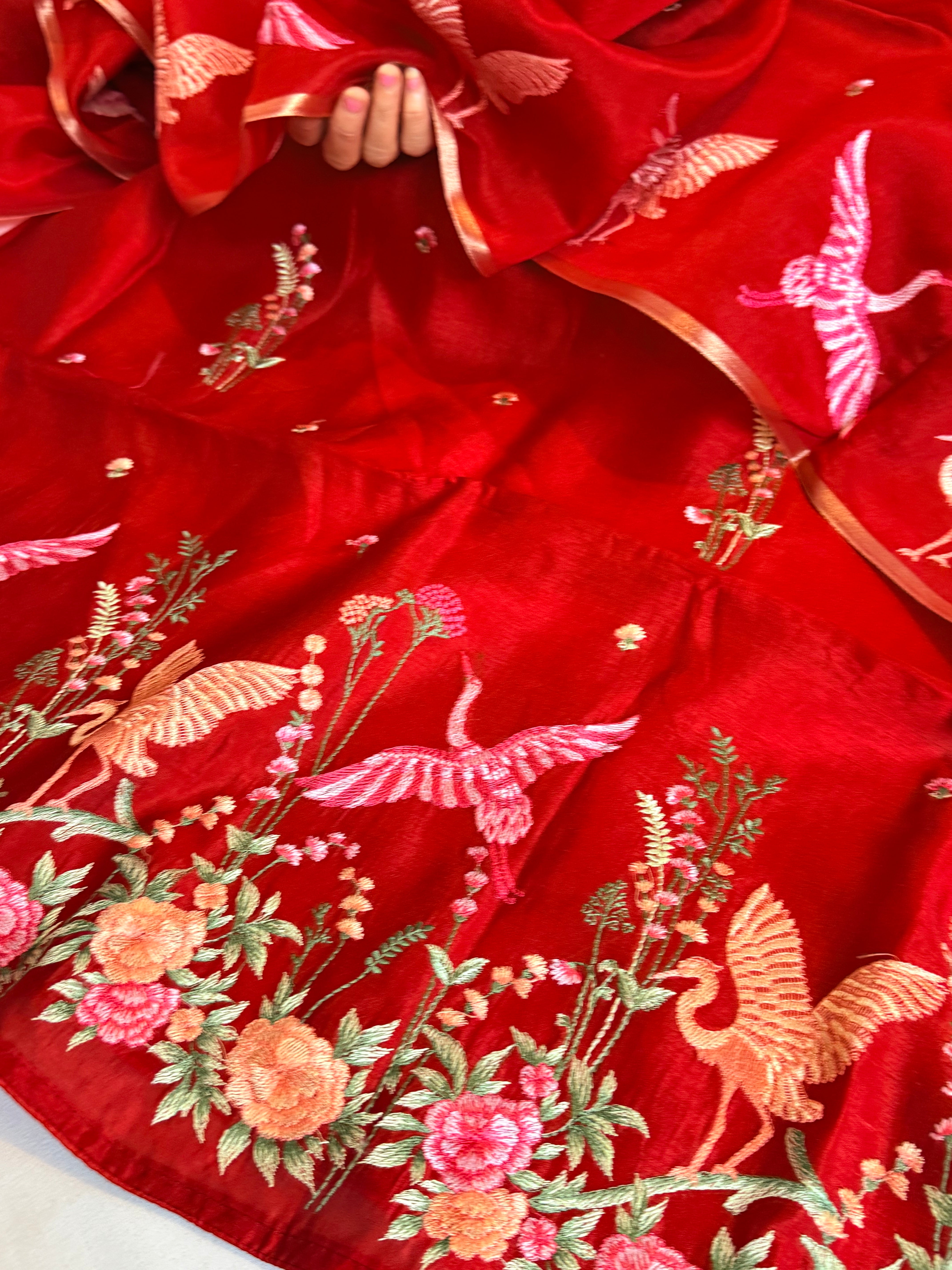 BELOW 8K - Parsi gara blood red resham work banarasi chiniya silk kadhwa suit sets
