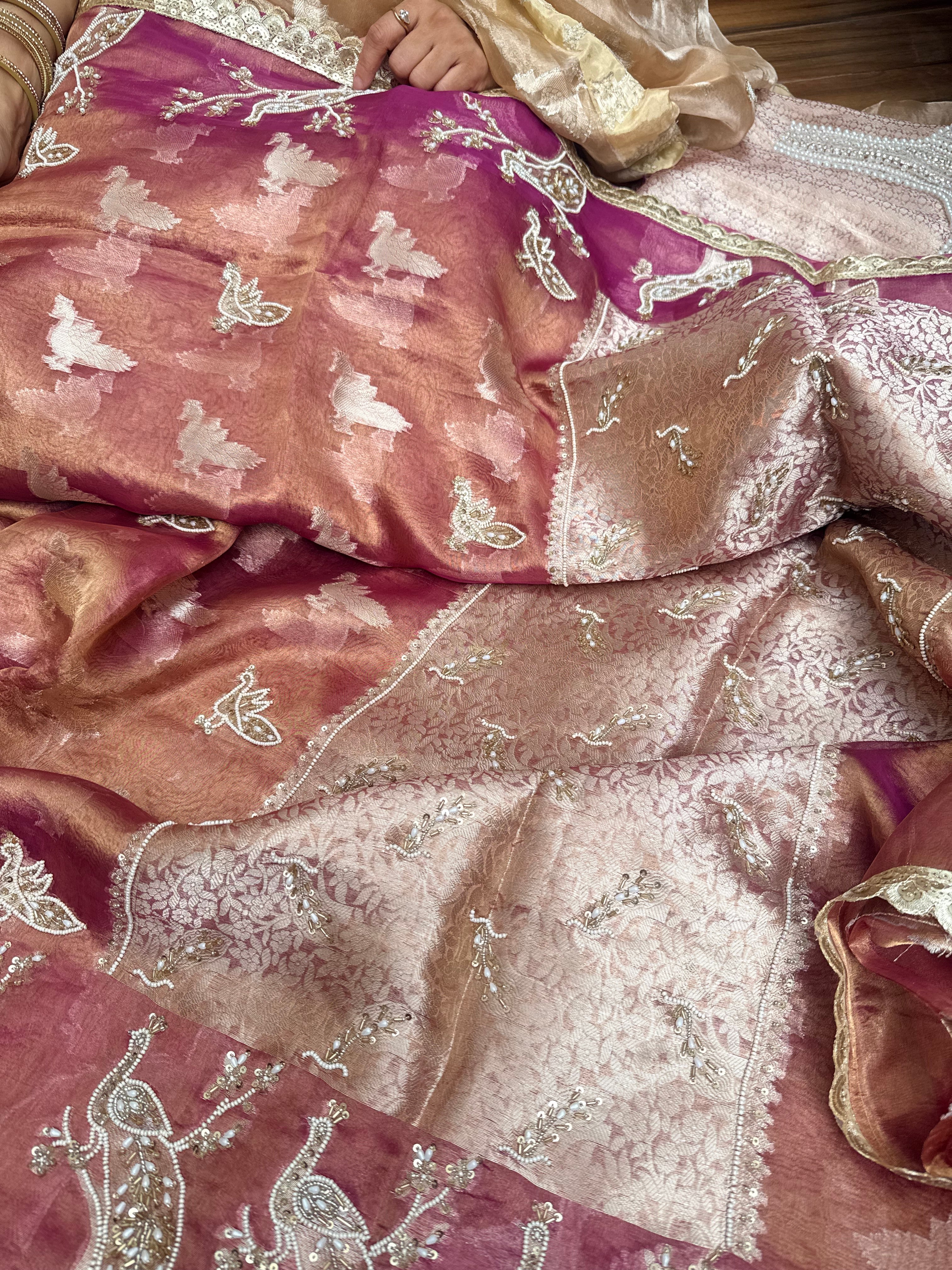 Tyohaar edit - Pearlwork morni hand embroidered tissue silk kadhwa saree
