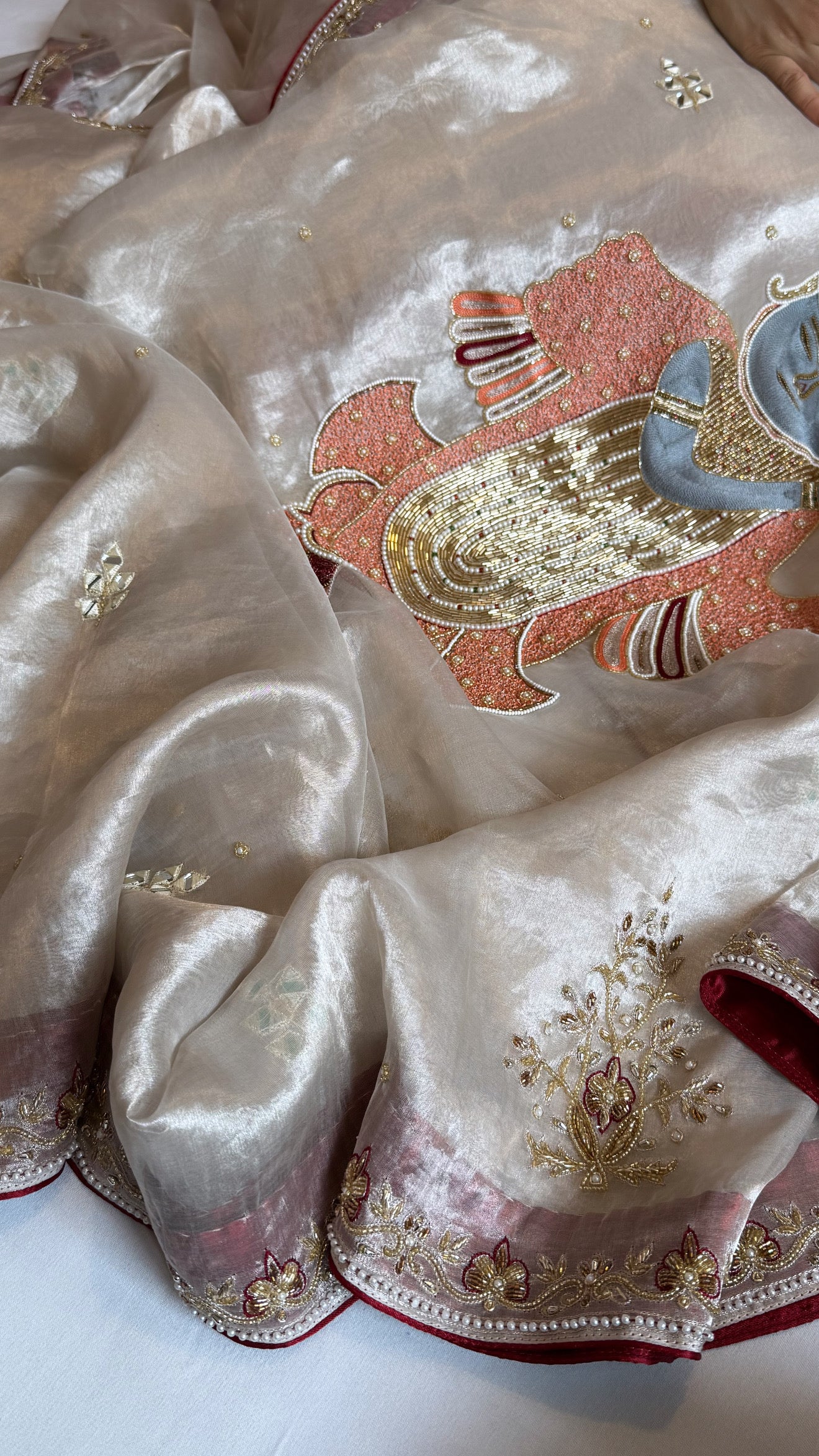 Radhika merchant inspired shreenathji motif diamond tissue silk hand embroidered saree