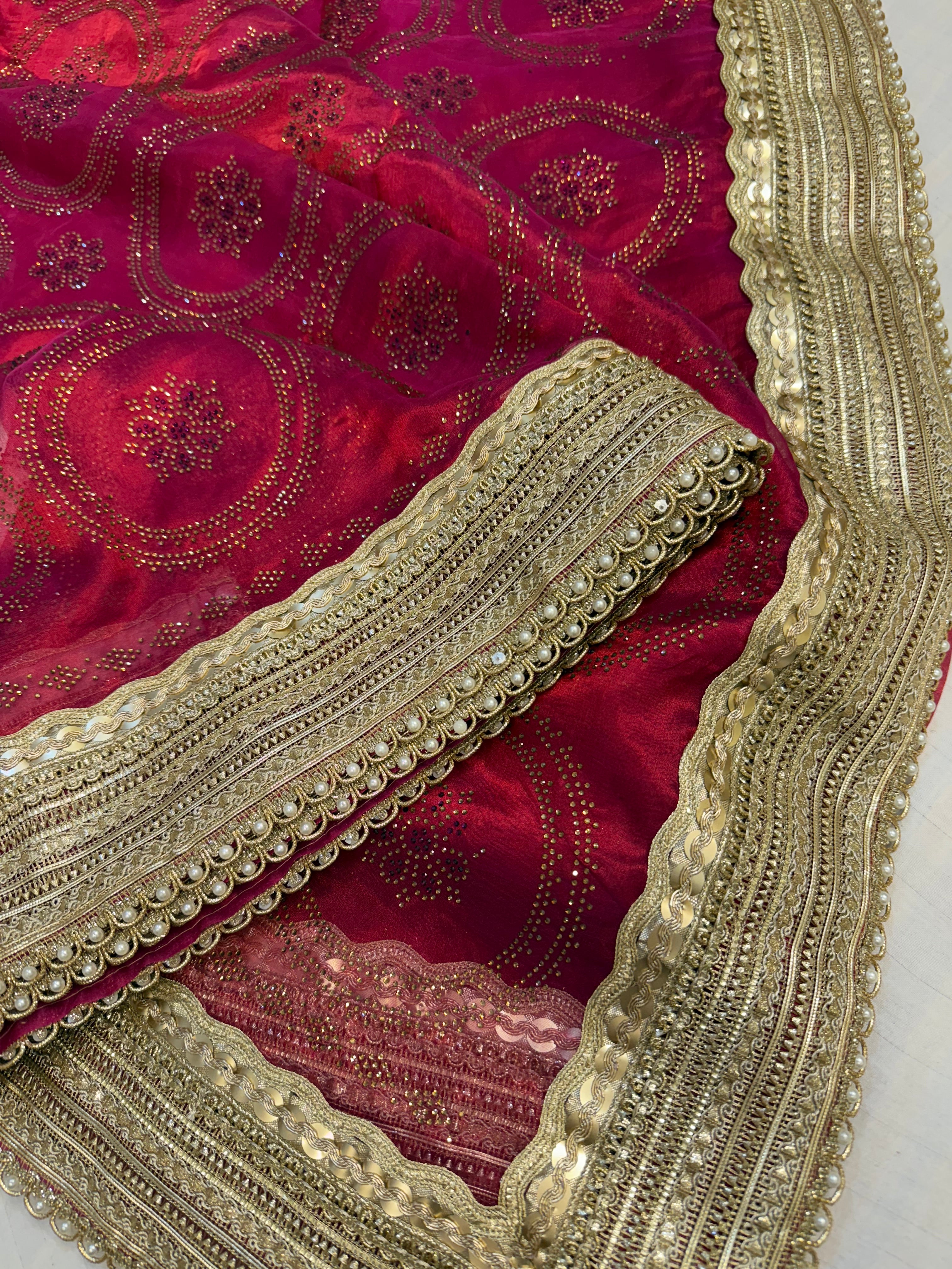 Sitara stonework cranberry red tissue silk gotapatti saree
